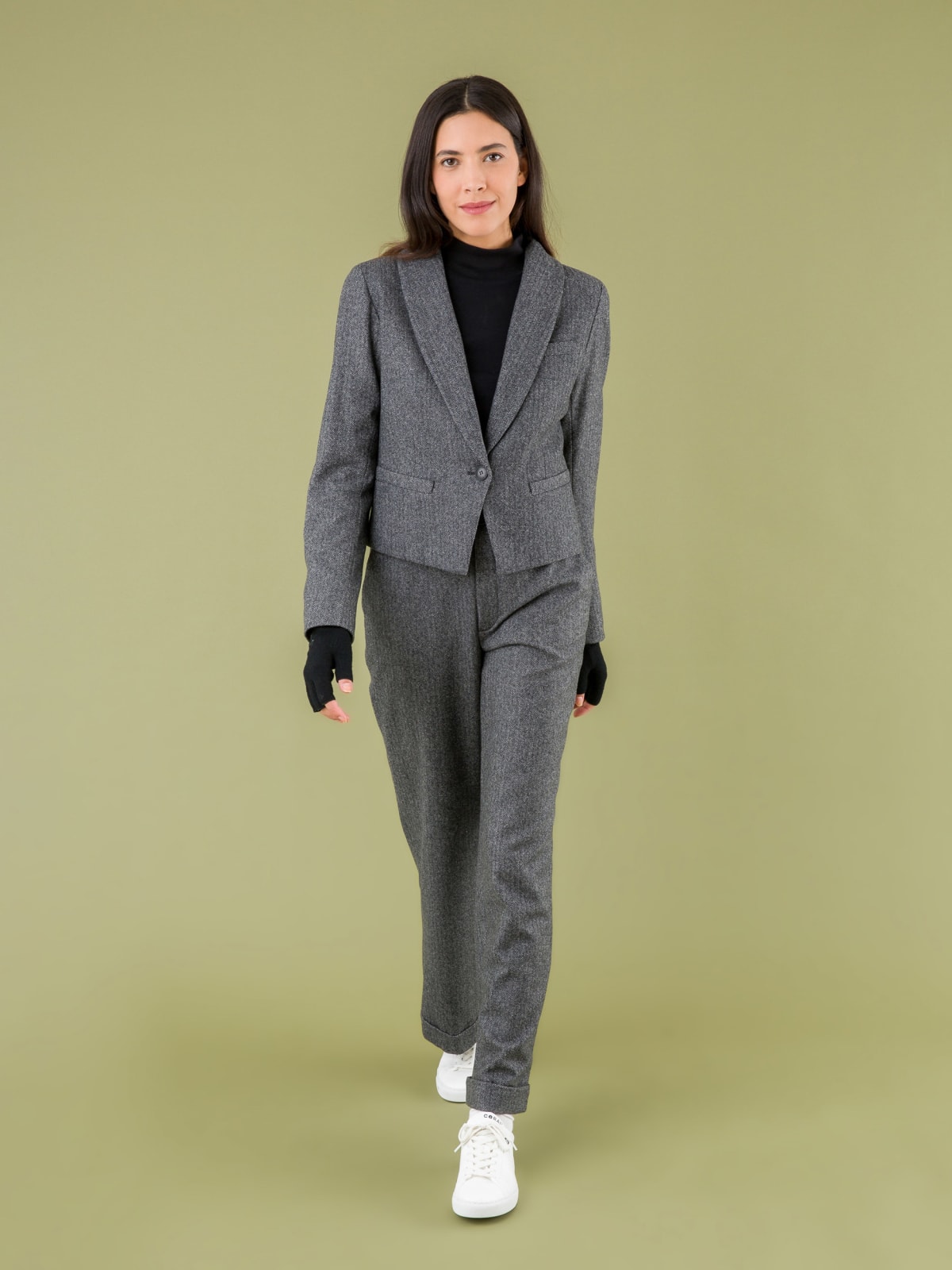 mottled grey herringbone wool blend jacket