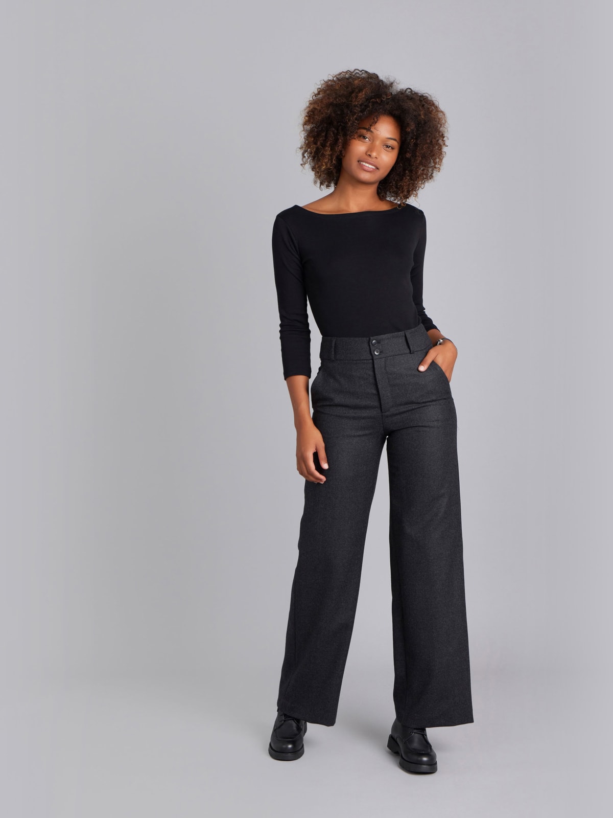 dark grey wool high-waisted wide-leg pants