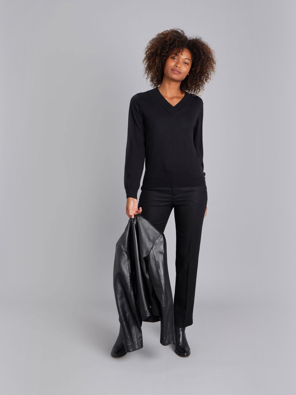 black merino wool long sleeve V-neck jumper