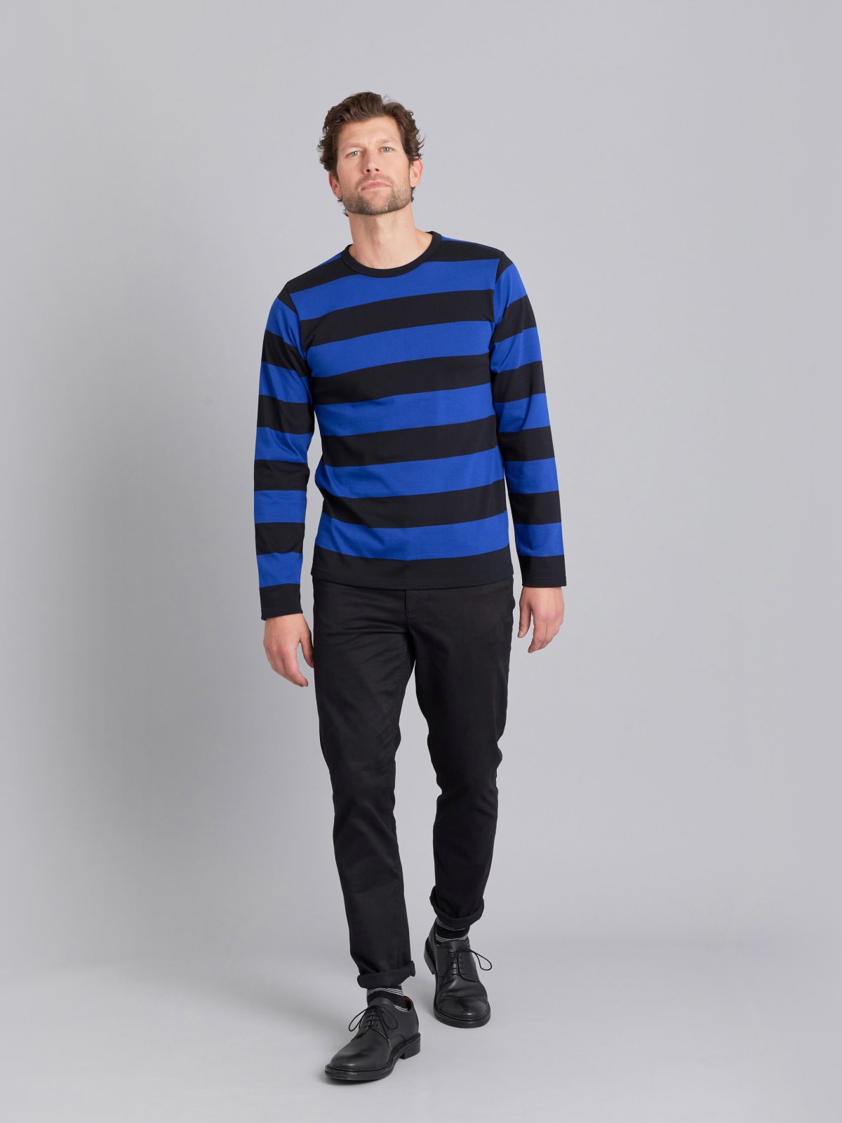 blue and black wide striped Coulos t-shirt