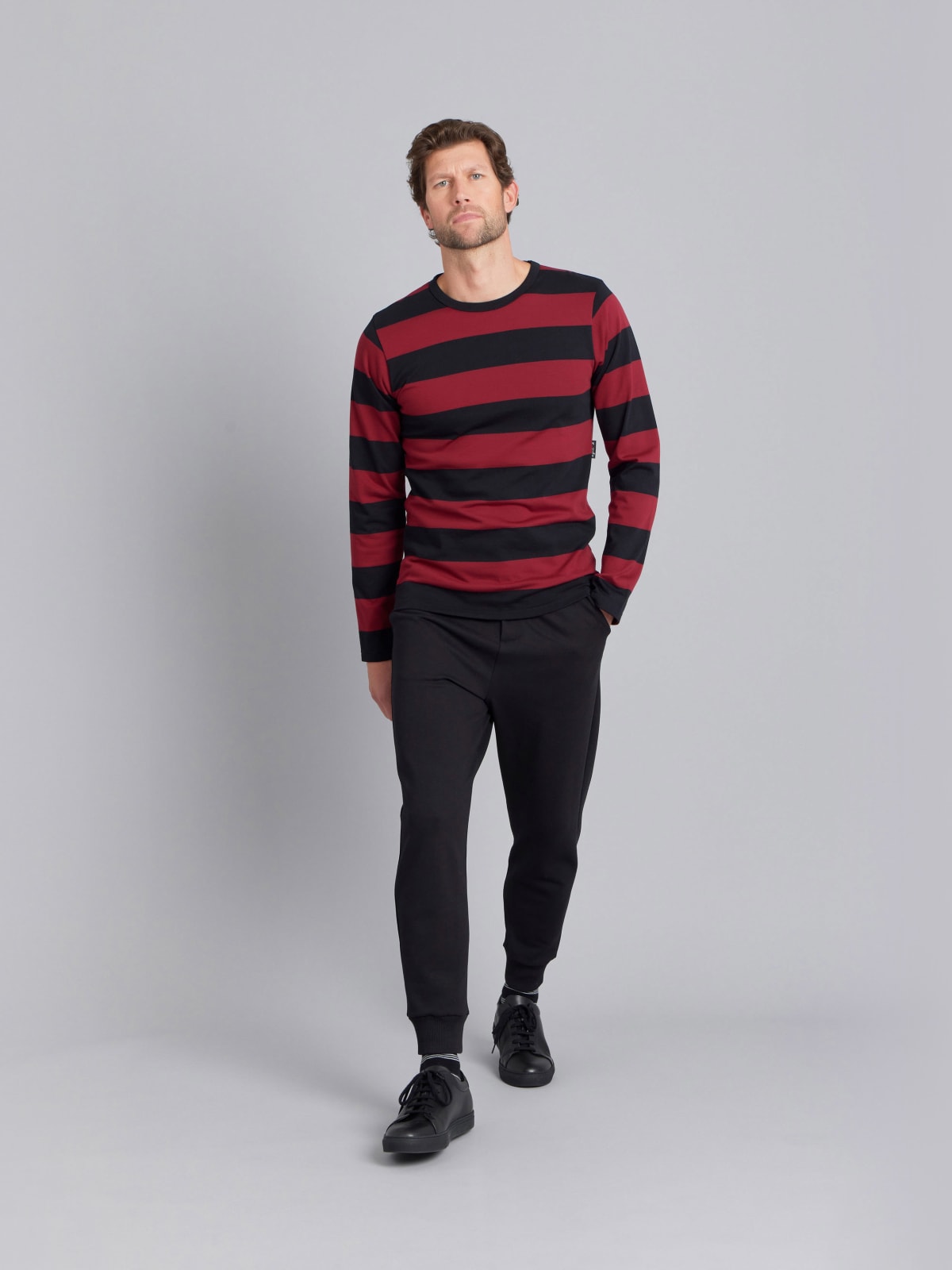 red and black wide striped Coulos t-shirt