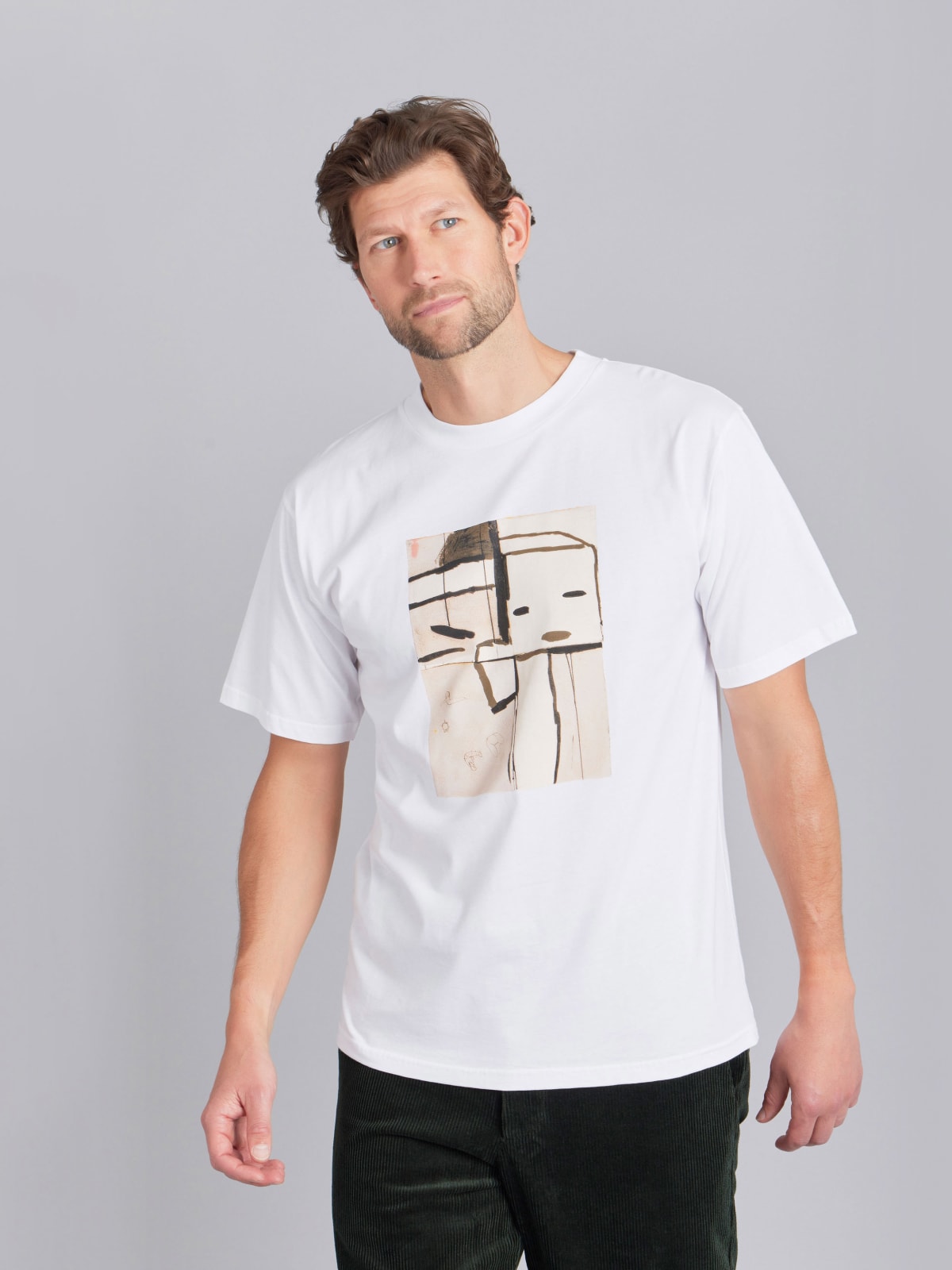 white Christof t-shirt with artist Simon English