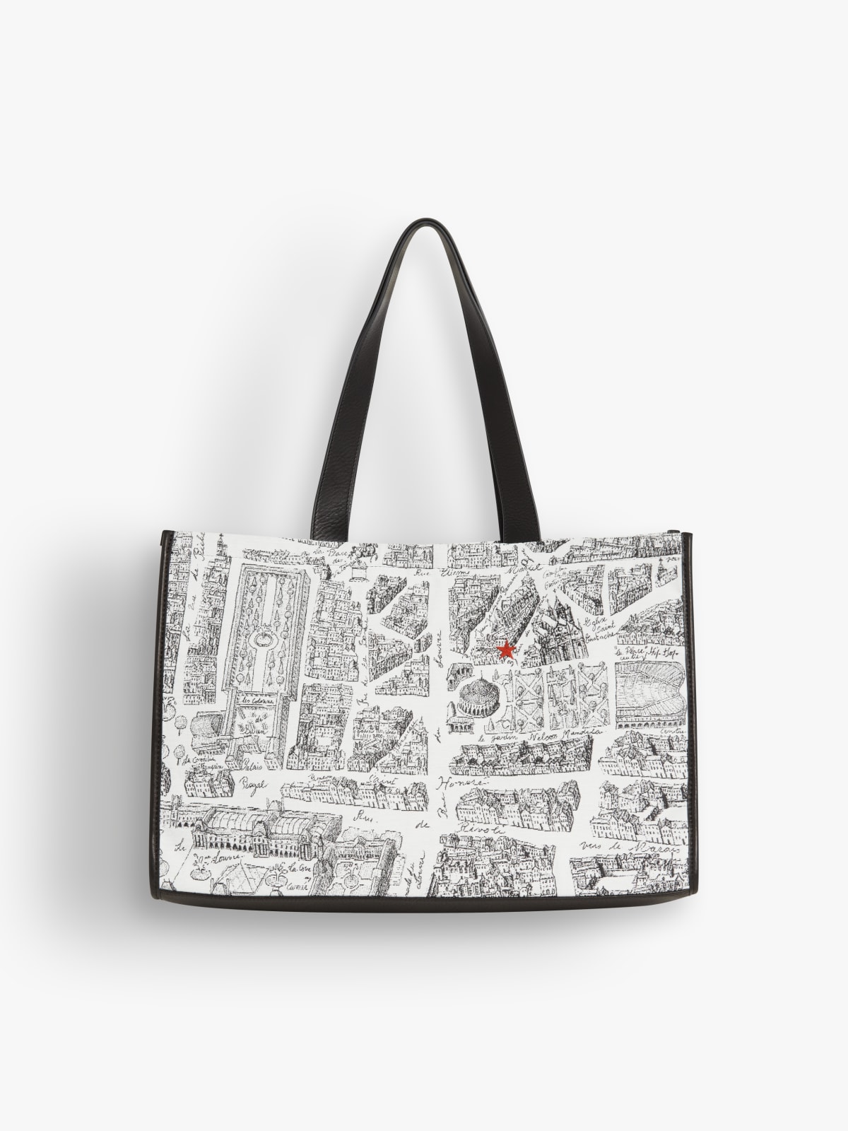 white cotton and leather "map of Paris" screen print bag
