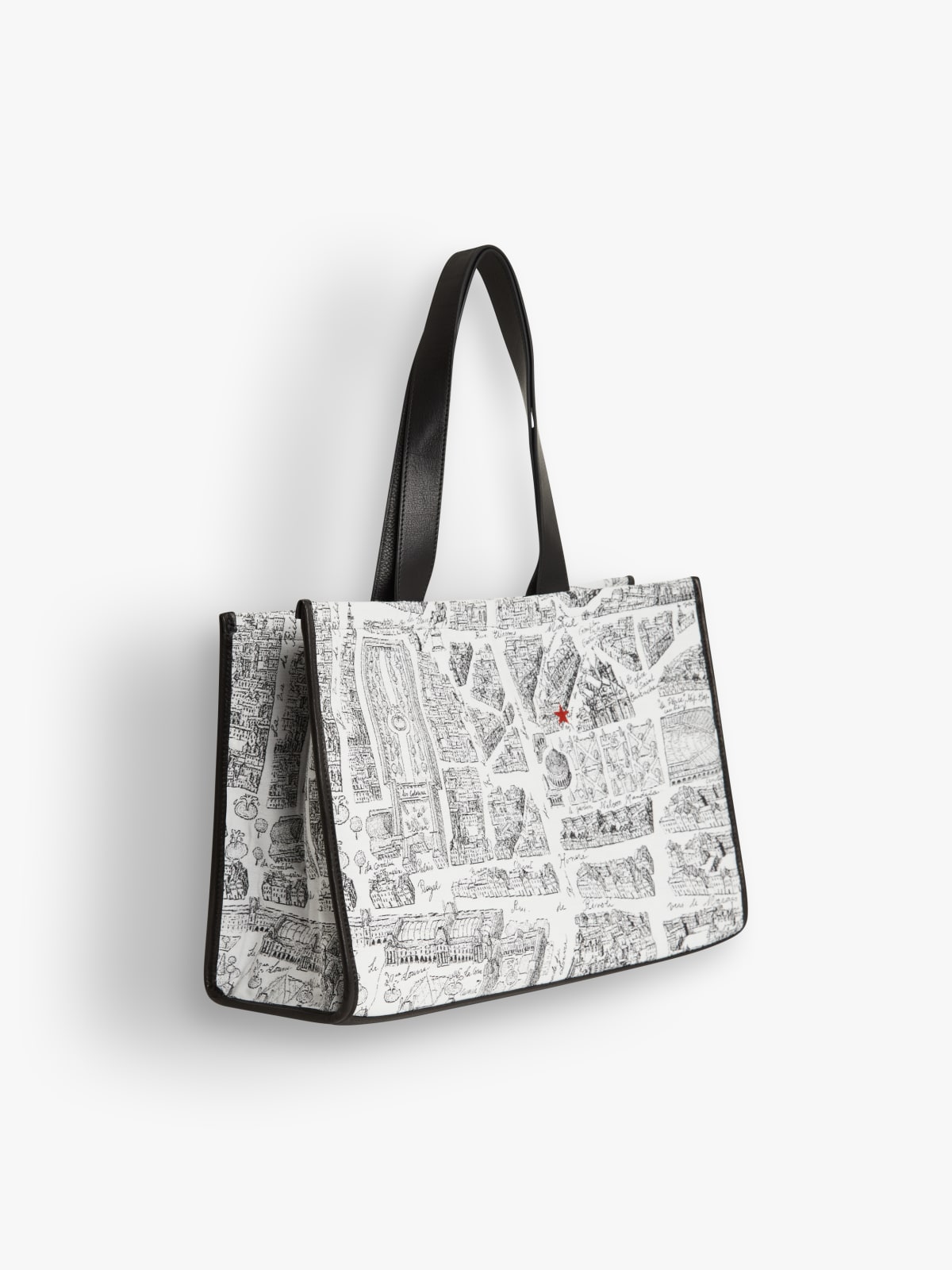 white cotton and leather "map of Paris" screen print bag