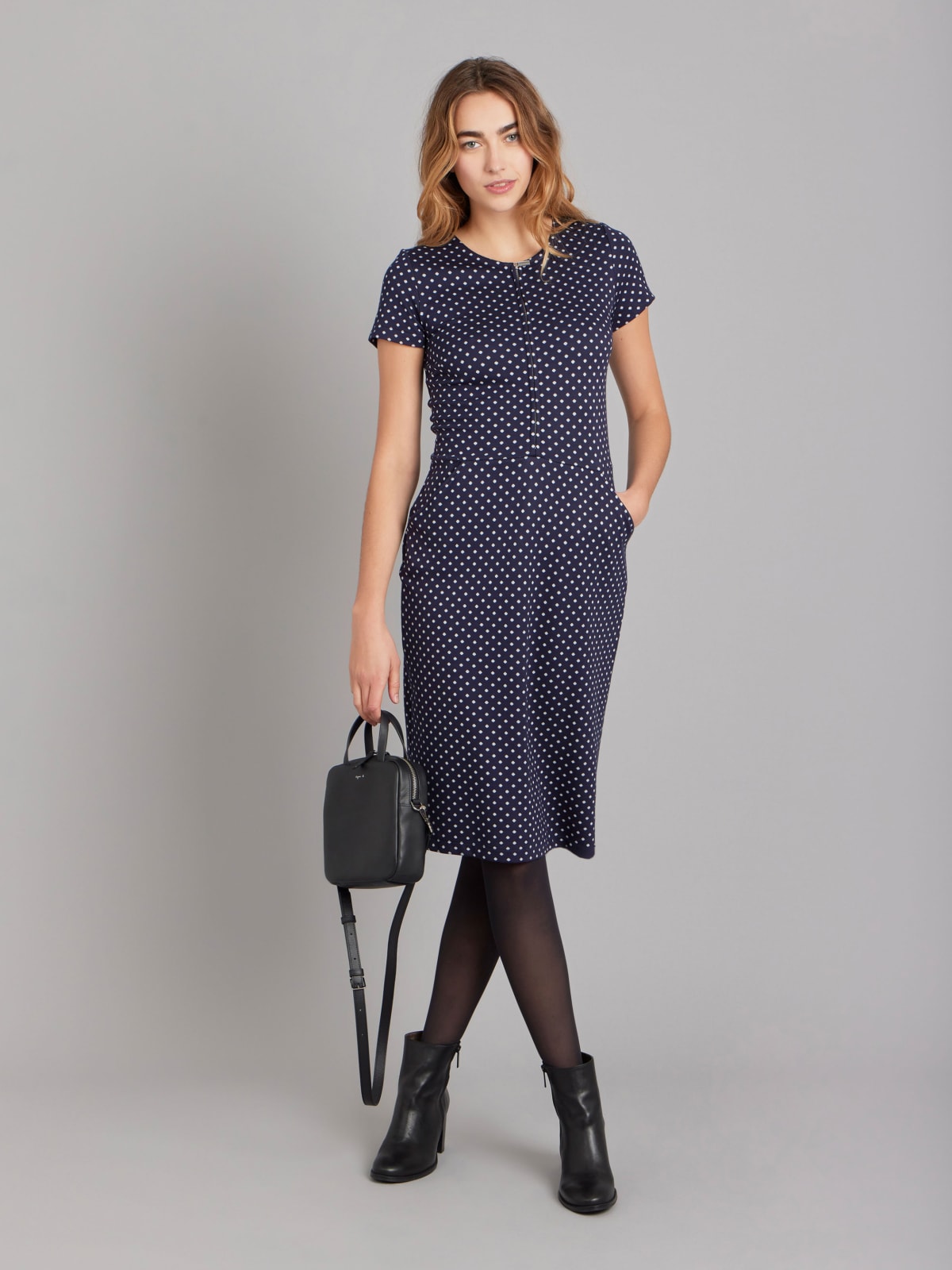 midnight blue polka dot Ville sheath dress