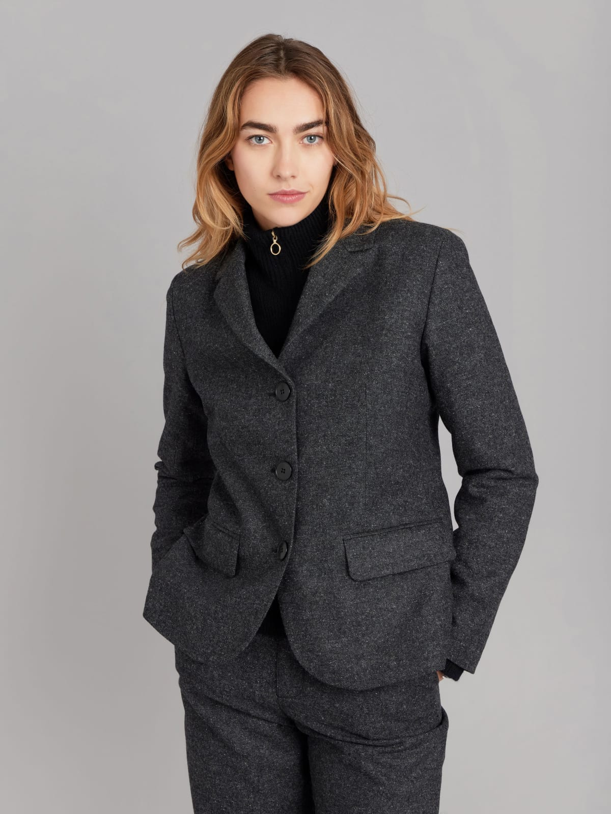 veste Louisa en laine tweedée gris foncé