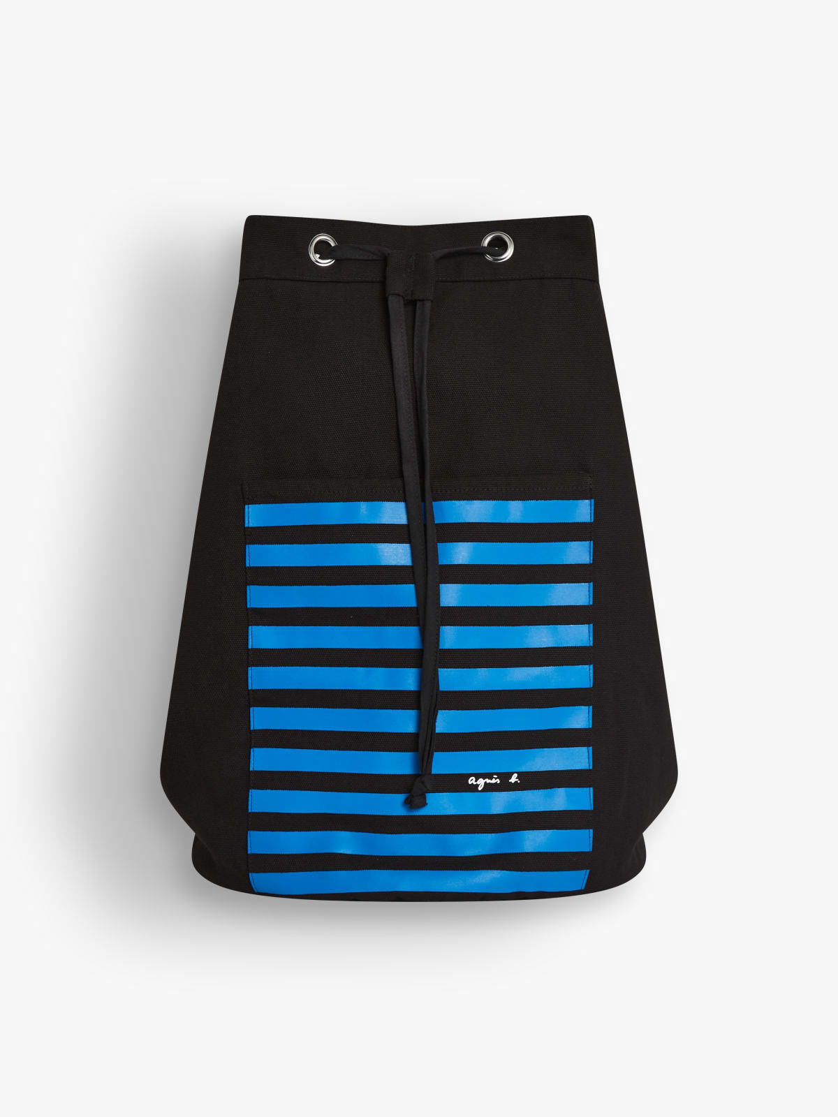black and blue cotton striped Domian drawstring bag