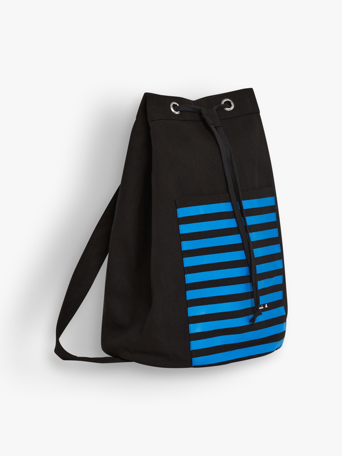 black and blue cotton striped Domian drawstring bag