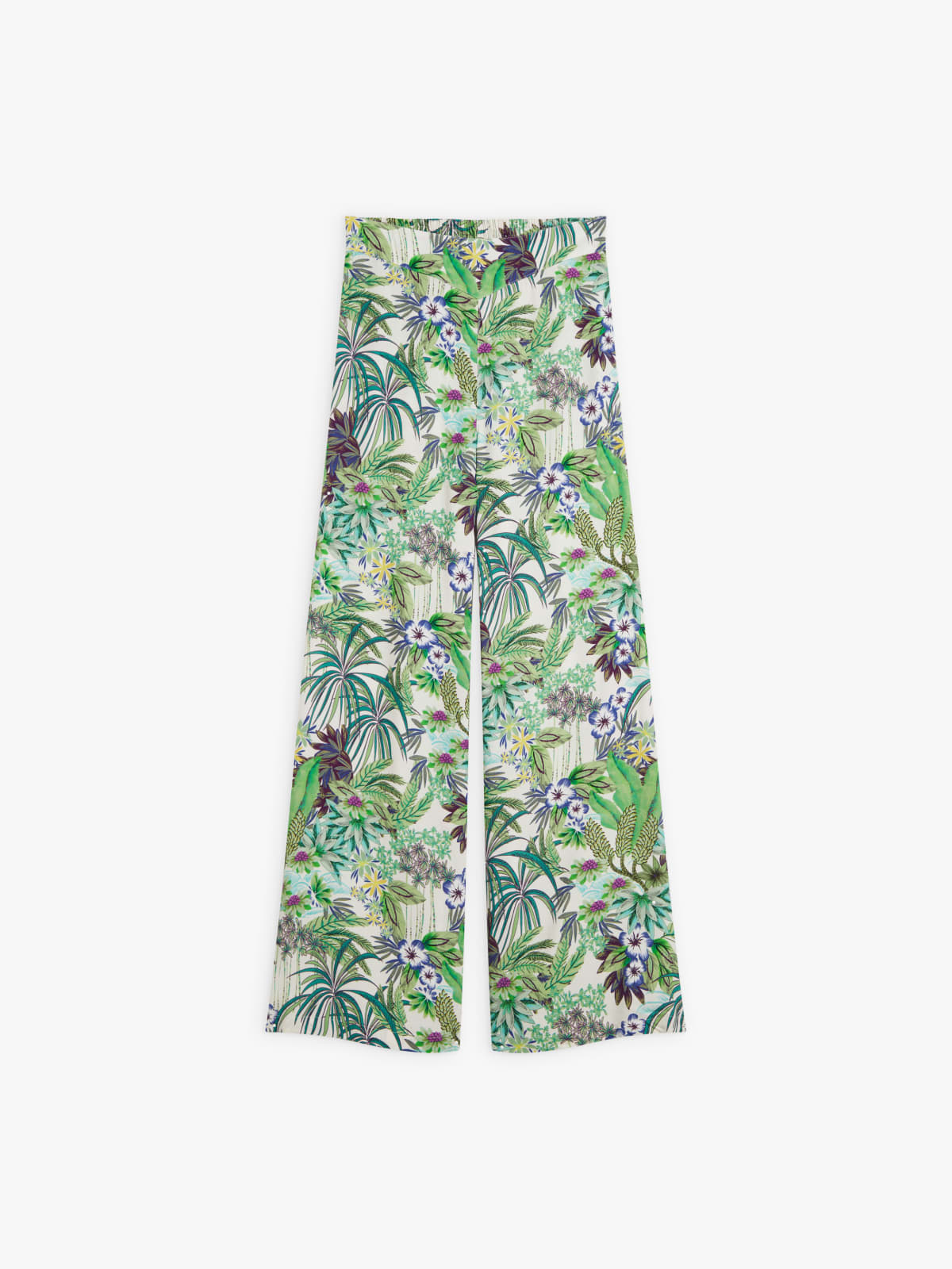 green viscose tropical print fluid trousers