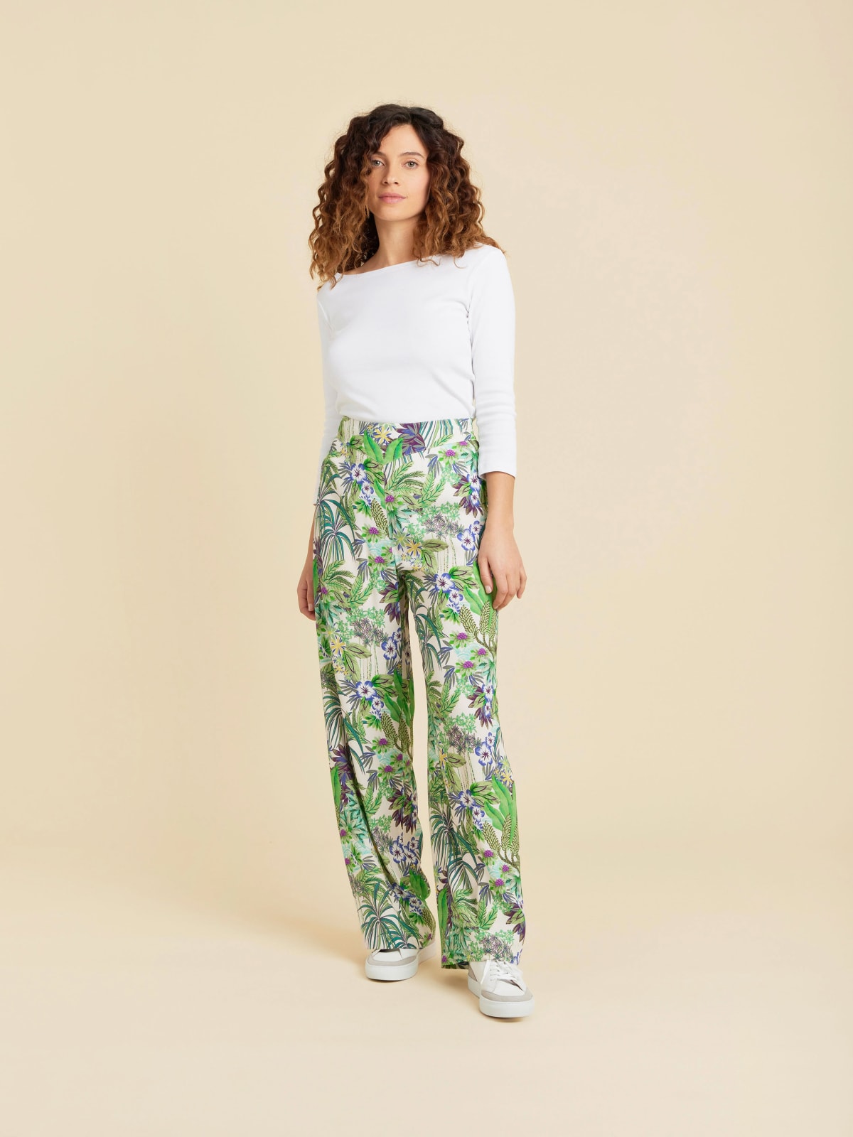 green viscose tropical print fluid trousers