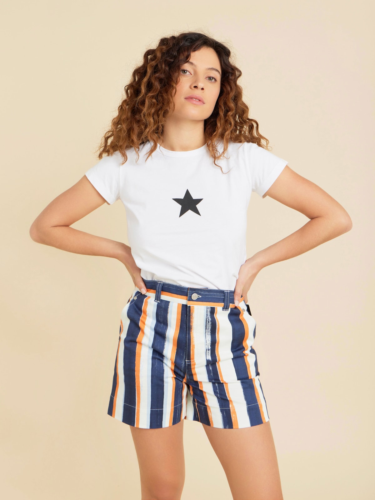 blue cotton vertical stripes mini shorts