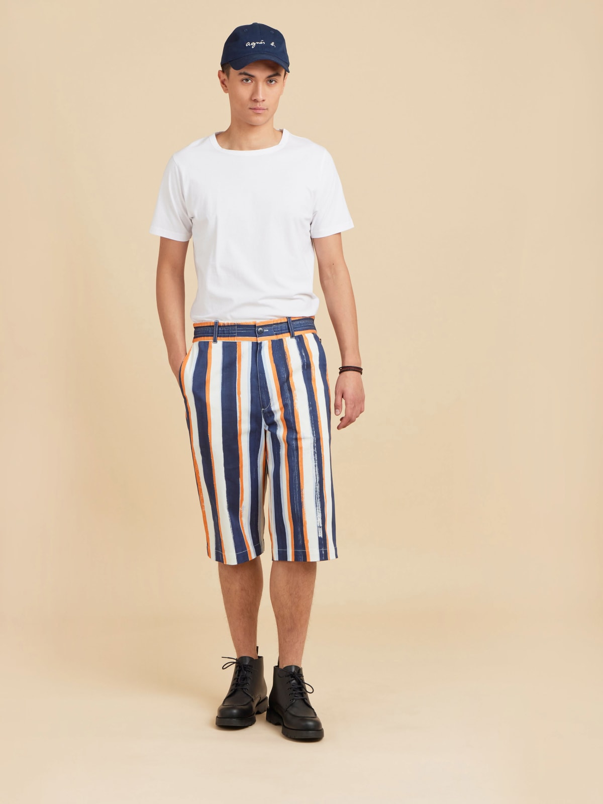 blue cotton vertical stripes bermuda shorts