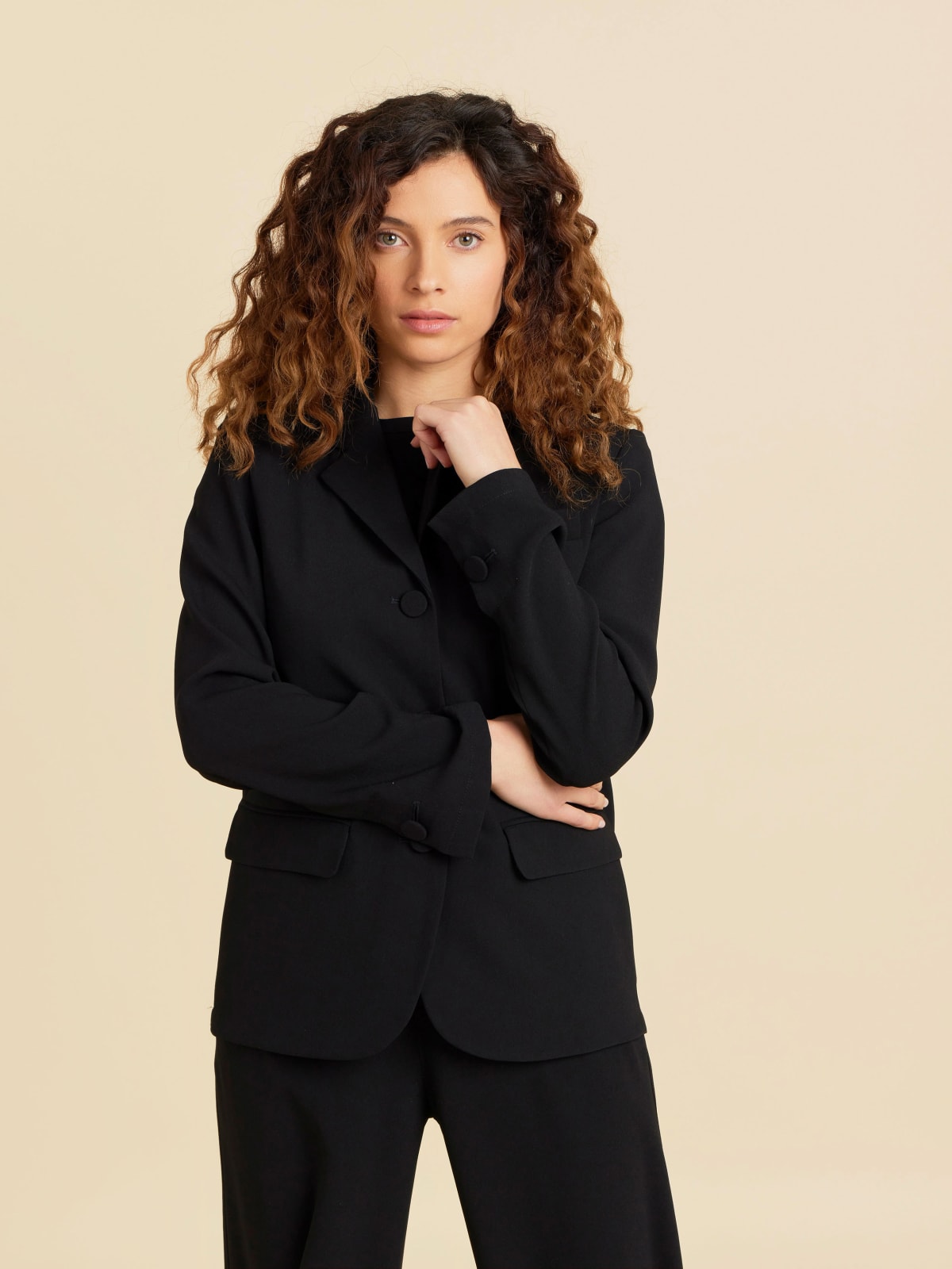 black unlined crepe suit jacket