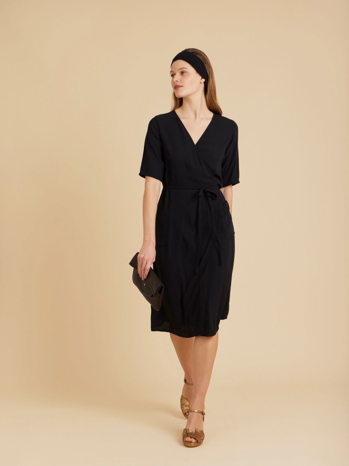 black v-neck wrap dress