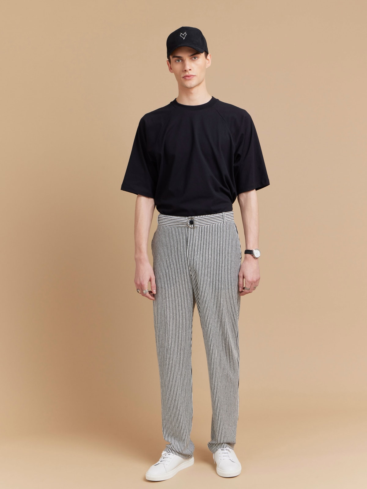 black linen vertical striped trousers