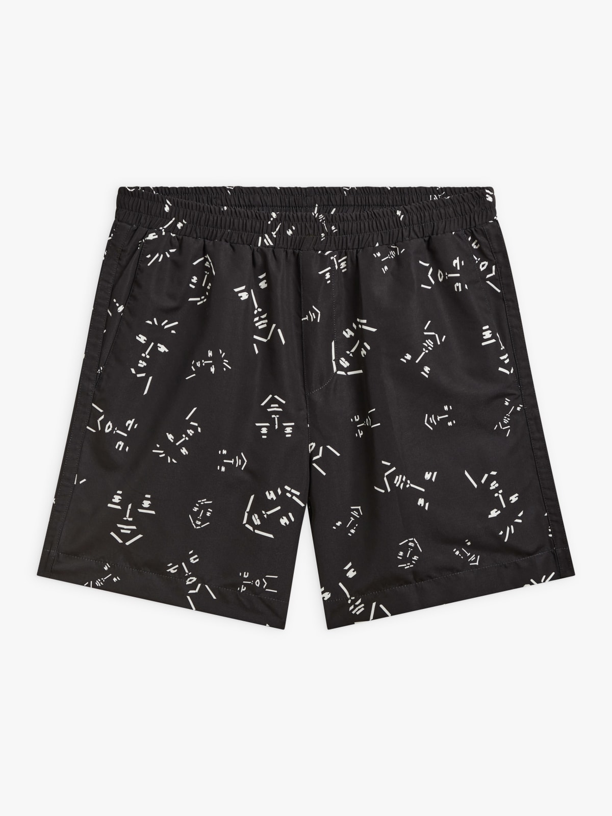 black swimming trunks with "visage" (face) print