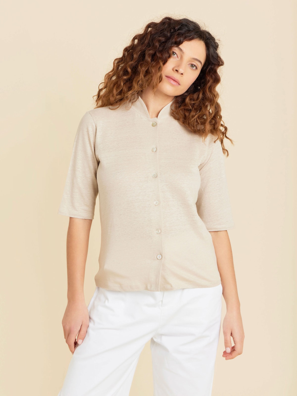 beige linen pearl button Violaine shirt