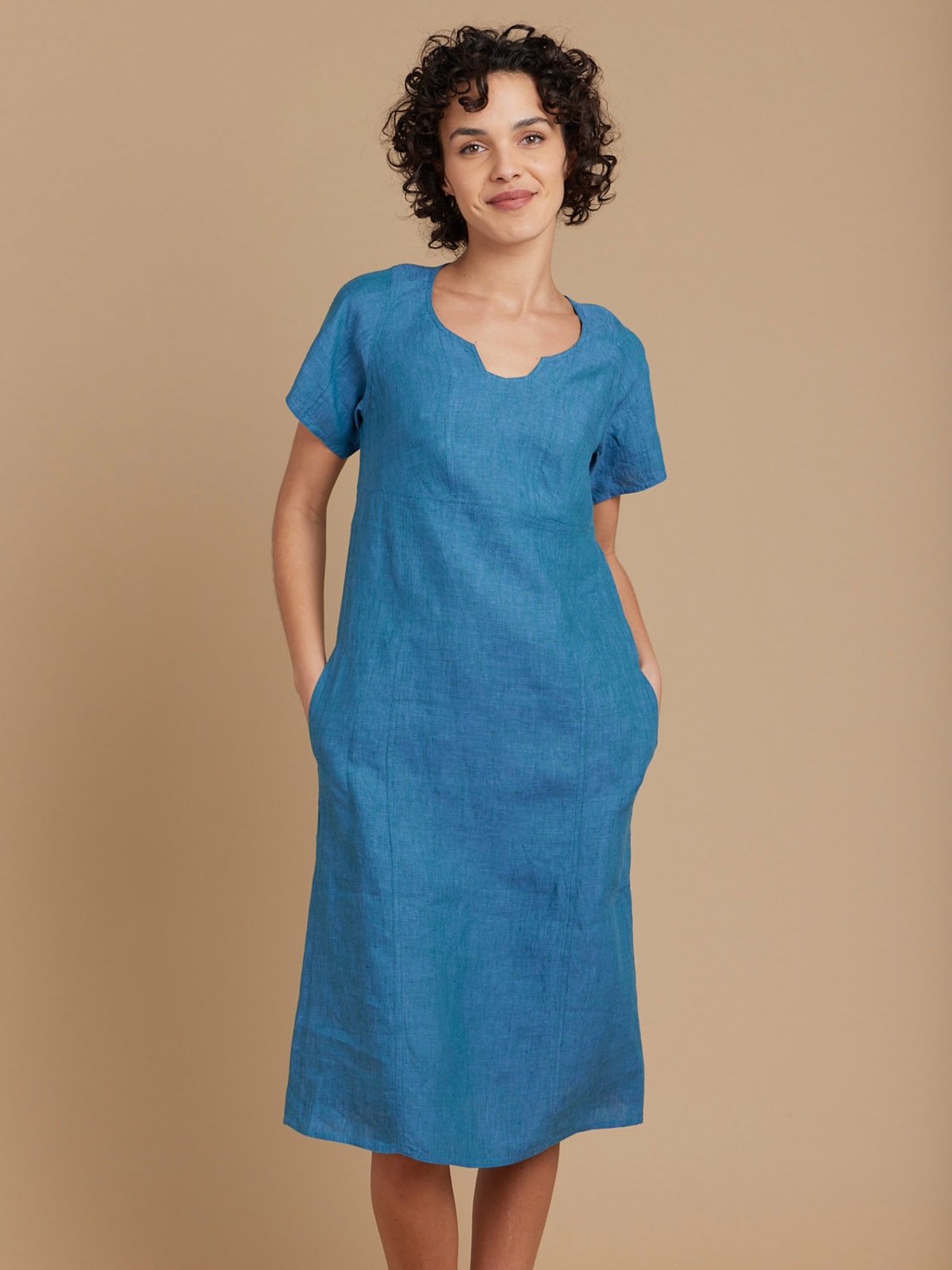 blue linen elbow-length sleeves dress