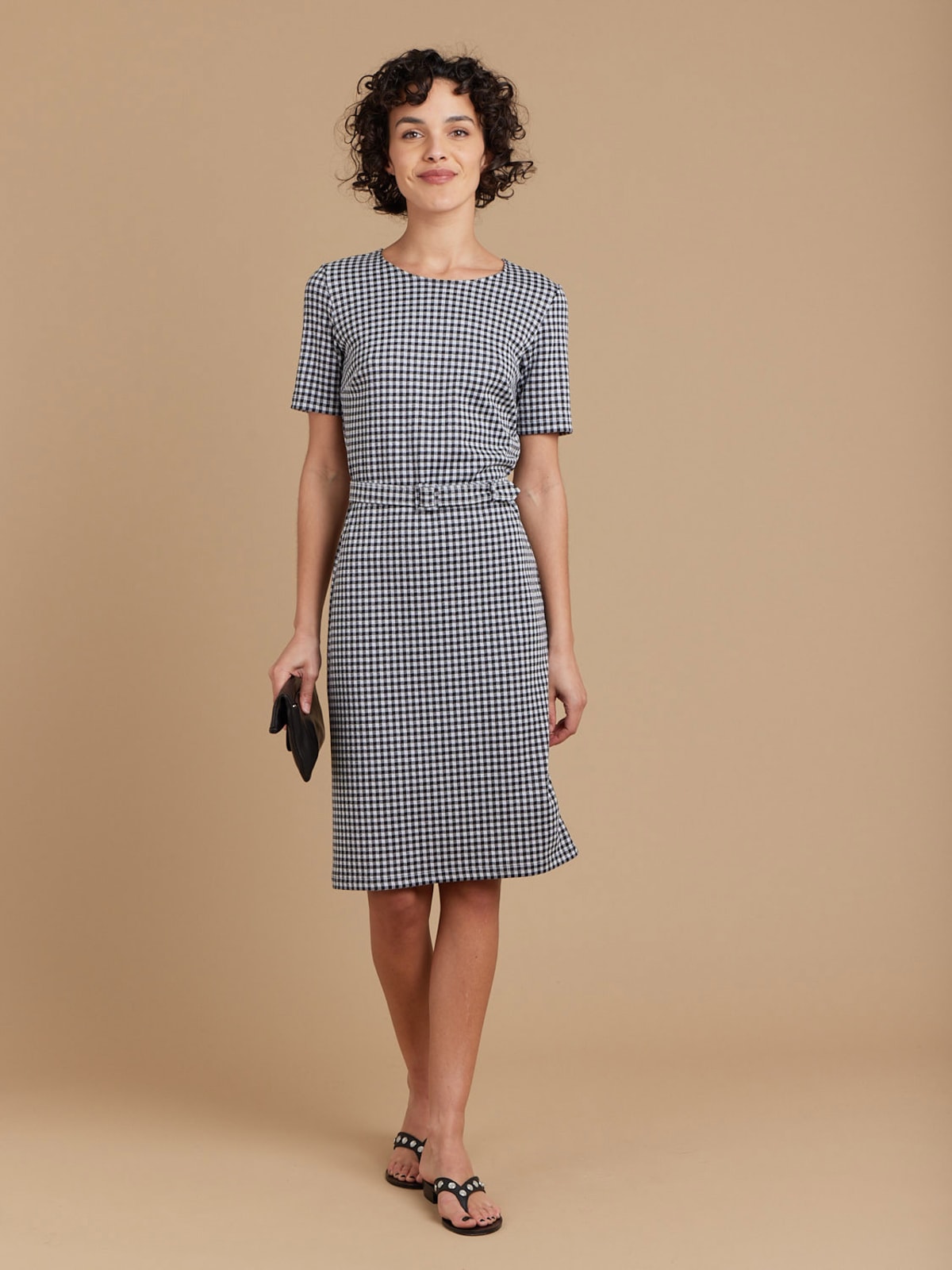 black jacquard gingham belt dress