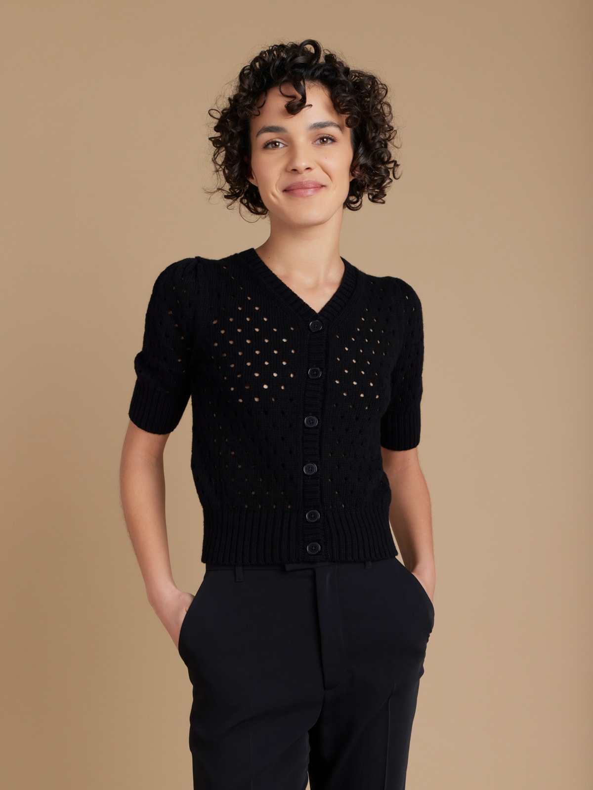 black cotton elbow-length sleeves cardigan