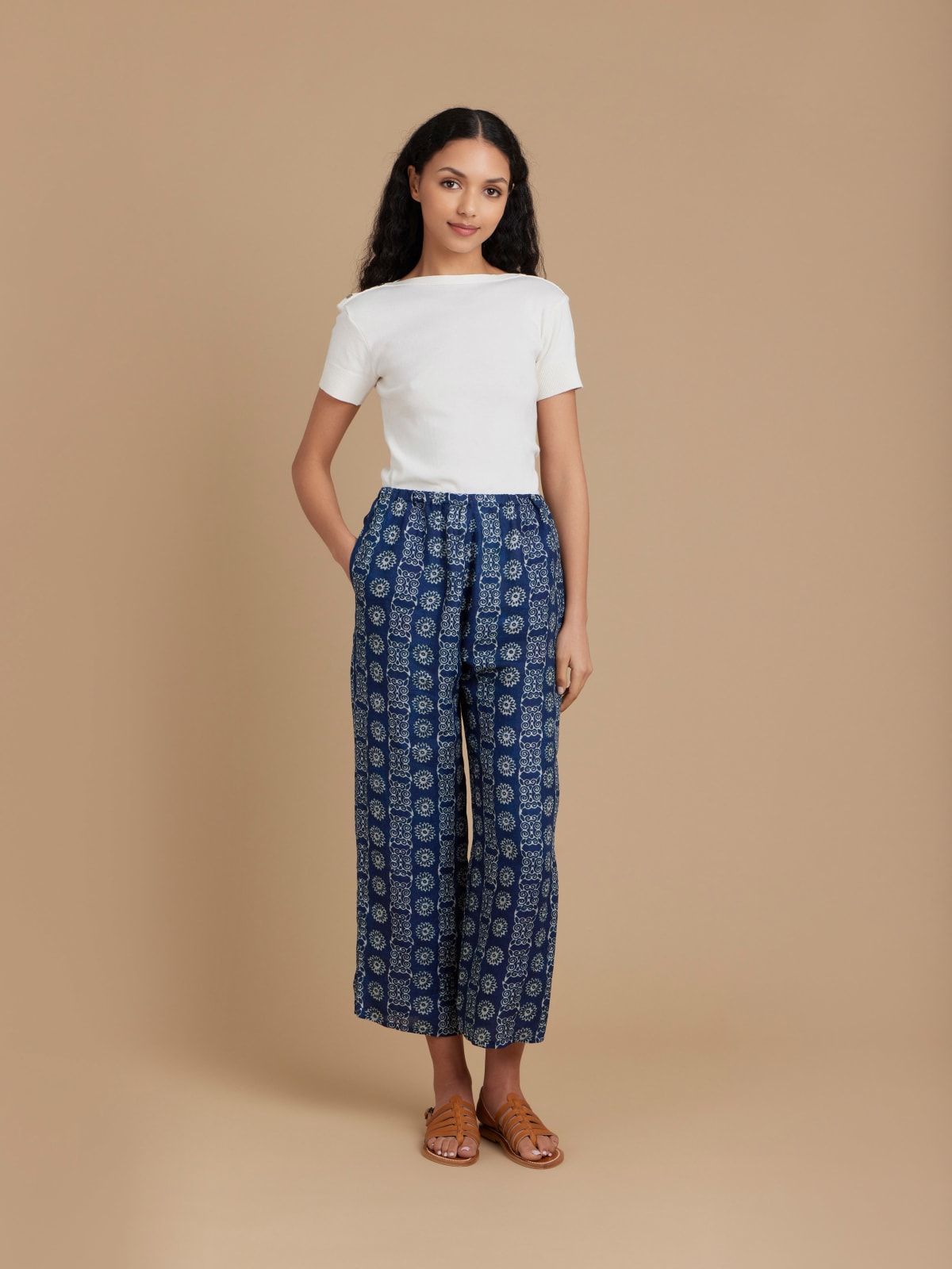 blue linen floral print Vietnam pants