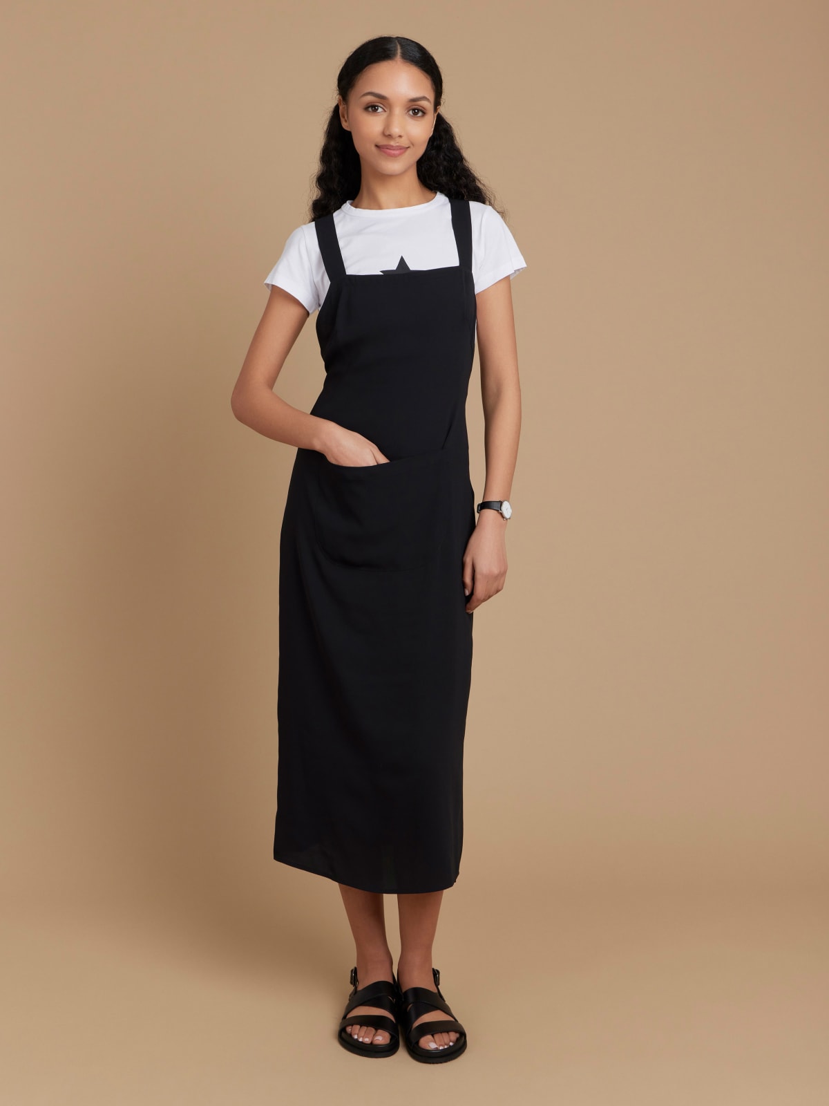 black polyester crêpe long apron dress