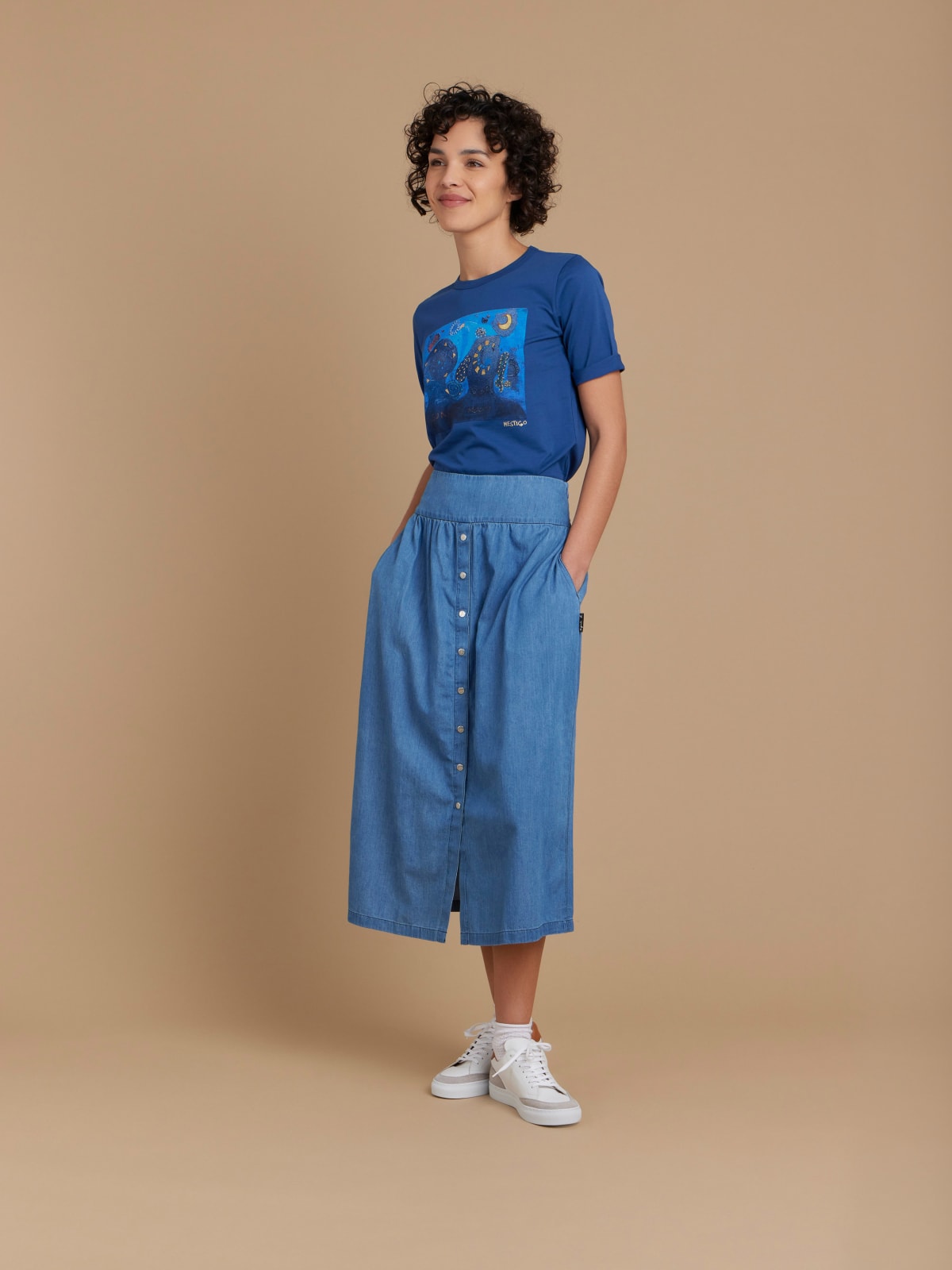 blue cotton long snap button skirt