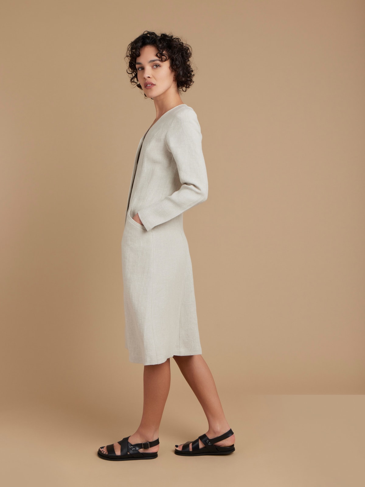 beige natural linen coat dress