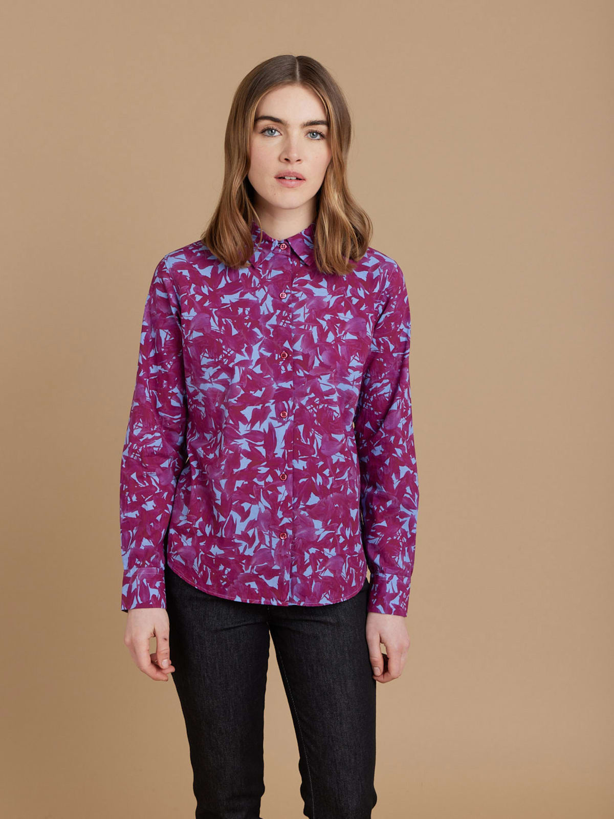 purple and blue cotton peony petal print Jasmine shirt