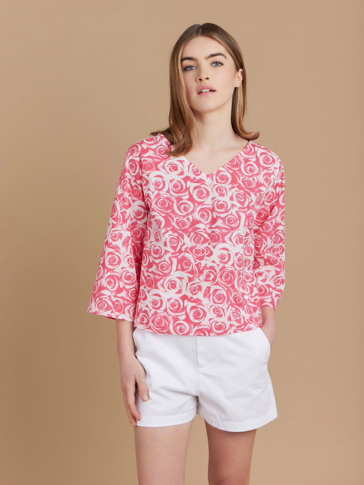 pink cotton rose print top