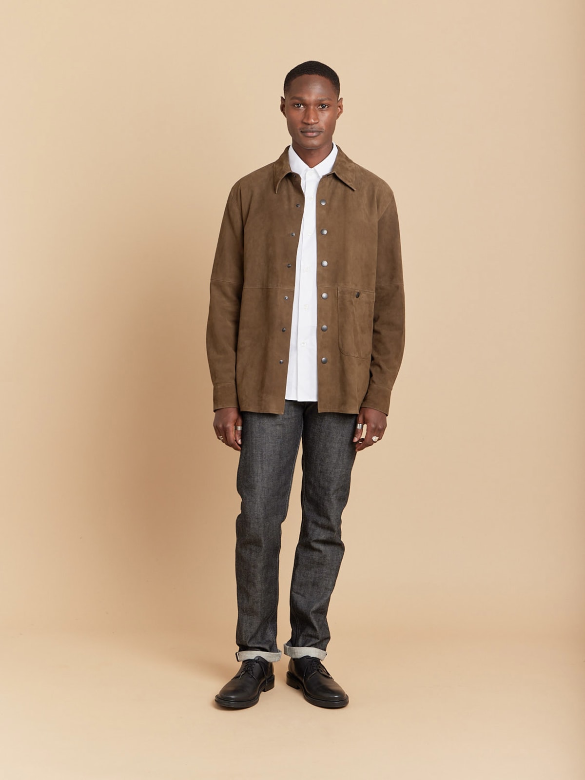 real suede over sized shirt ブラウン brown suede snap-fastened overshirt