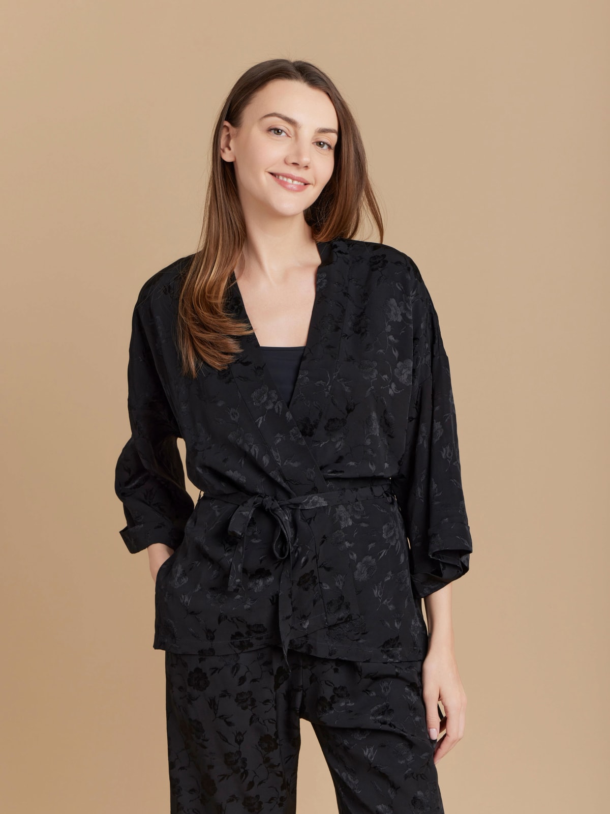 black viscose floral pattern kimono shirt