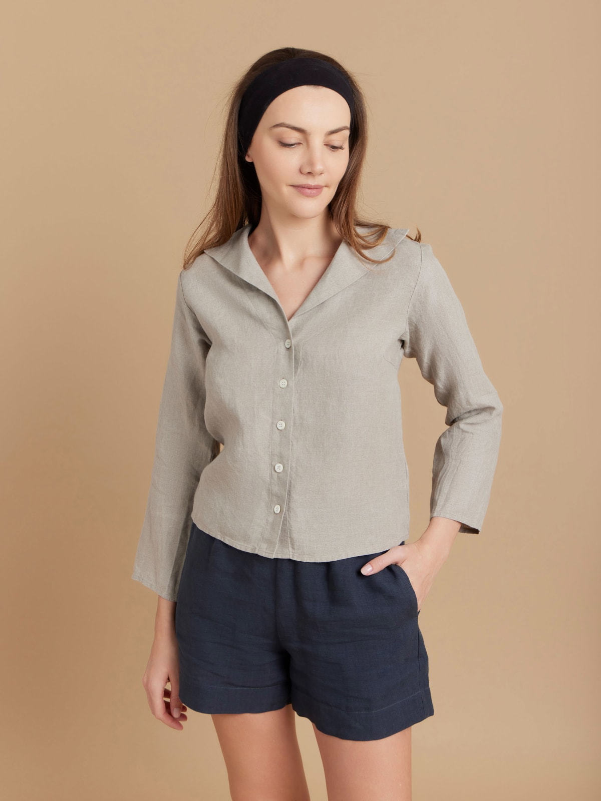 beige linen 3/4-sleeve shirt