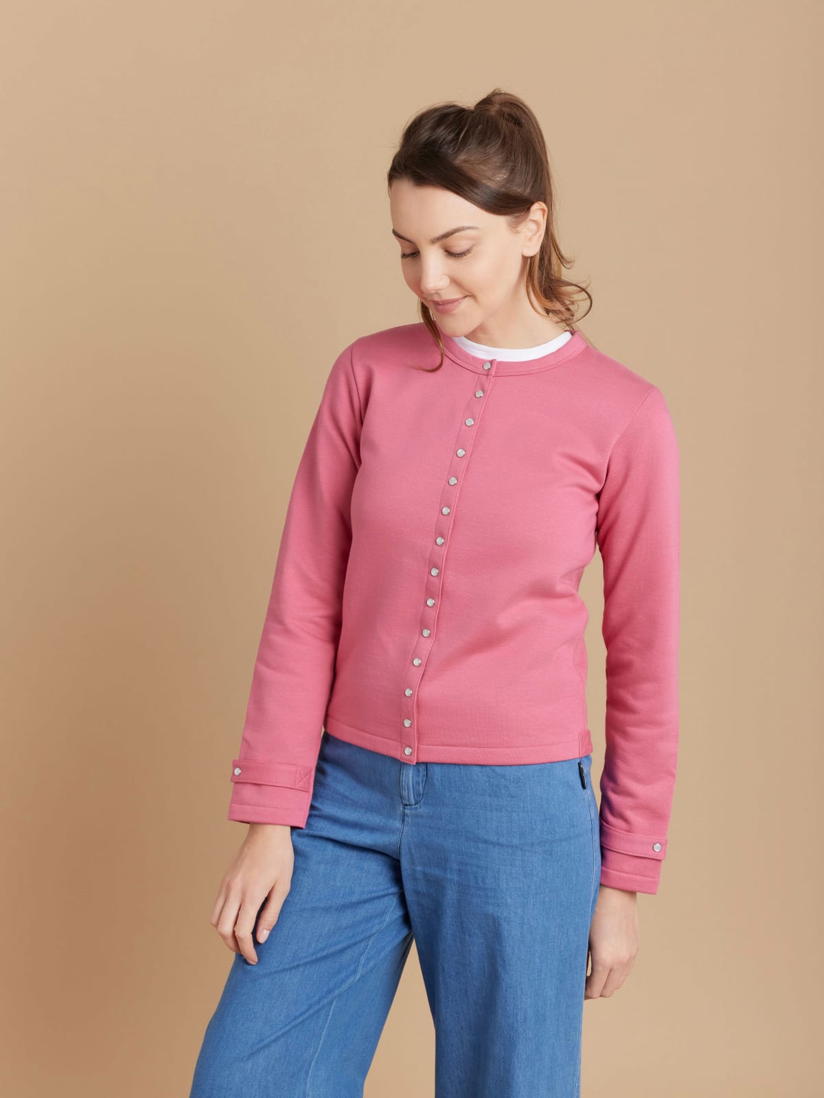 pink cotton fleece Rosana snap cardigan