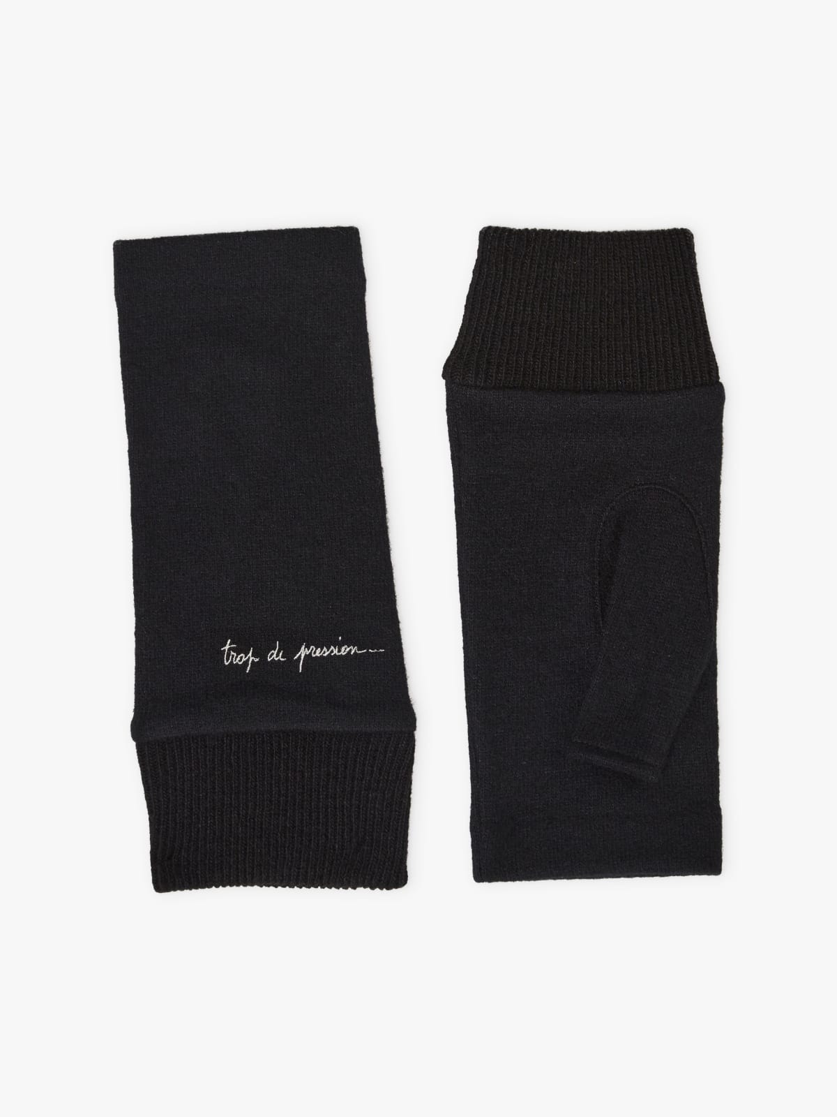 black wool screen-printed Trop de Pression fingerless gloves