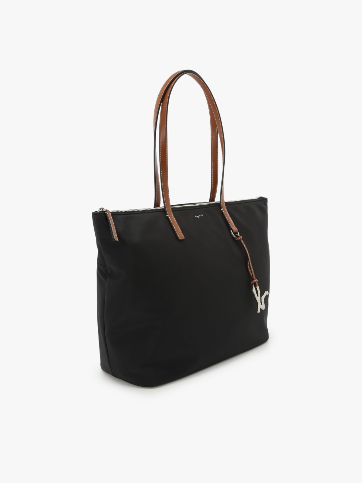 tote bag en nylon noir avec anses marrons image number 1
