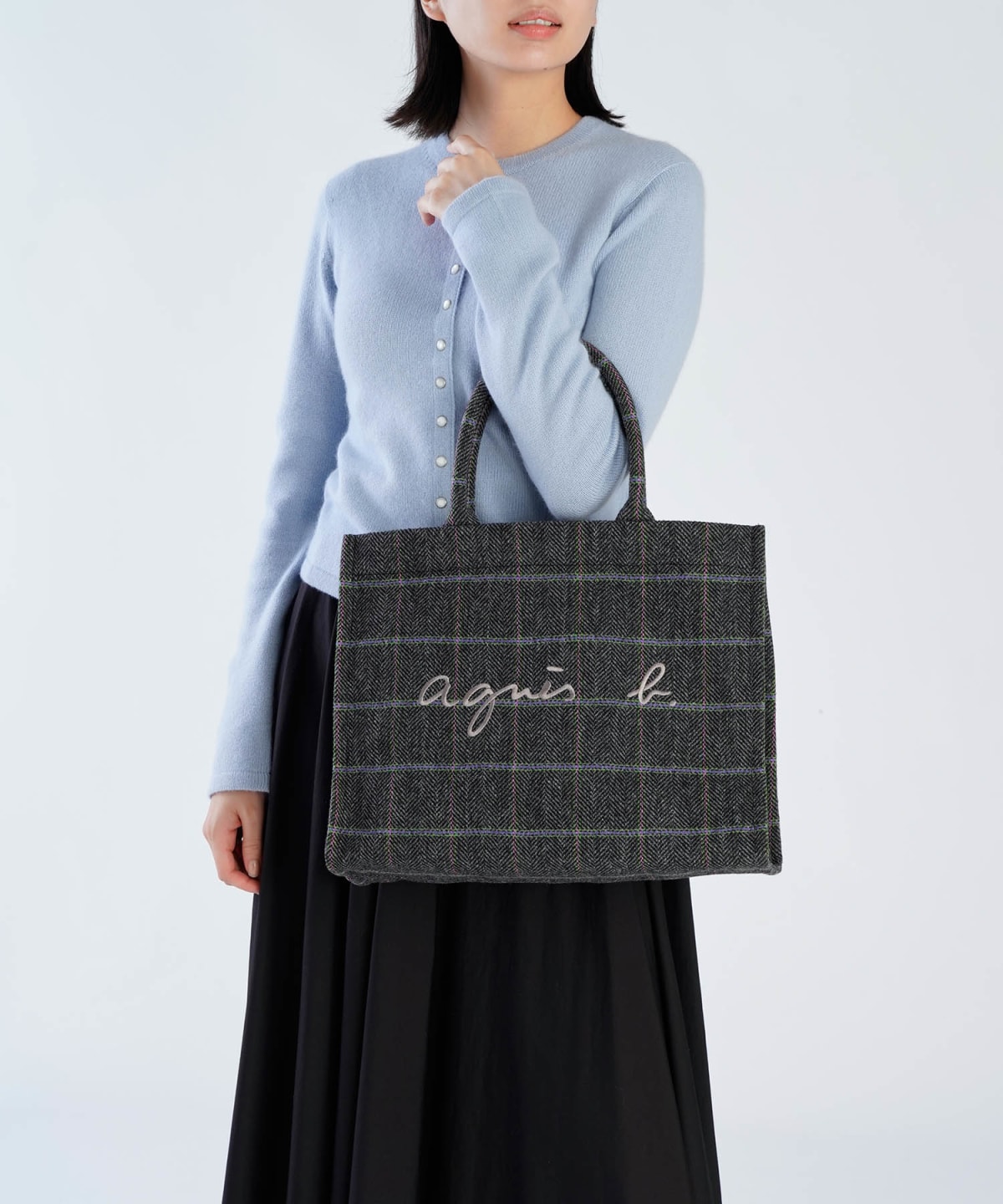 tote bag en laine à carreaux gris