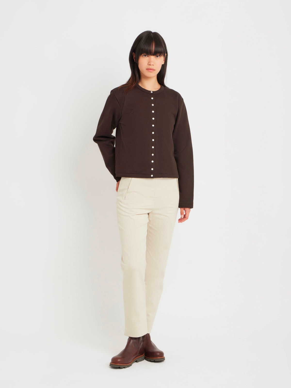 brown cotton fleece snap cardigan