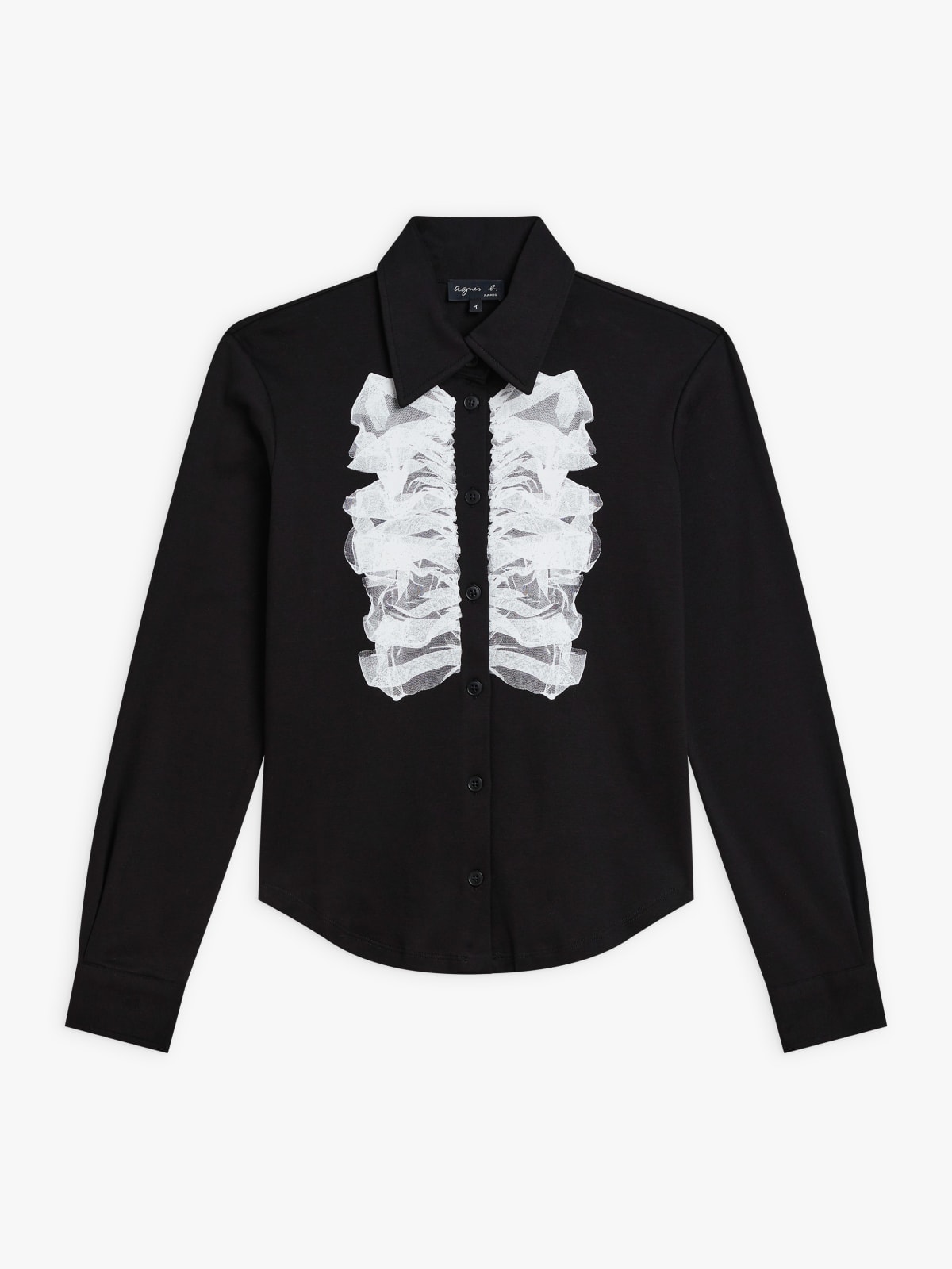 black cotton shirt with white screen-printed trompe l'oeil tulle ruffle