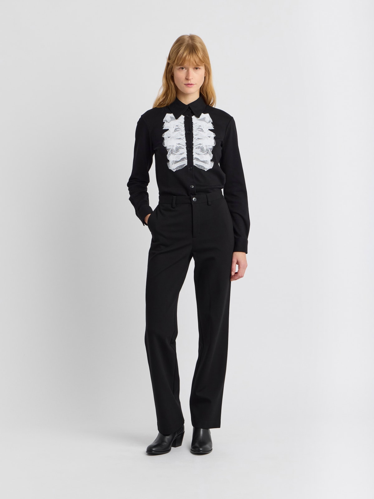 black cotton shirt with white screen-printed trompe l'oeil tulle ruffle
