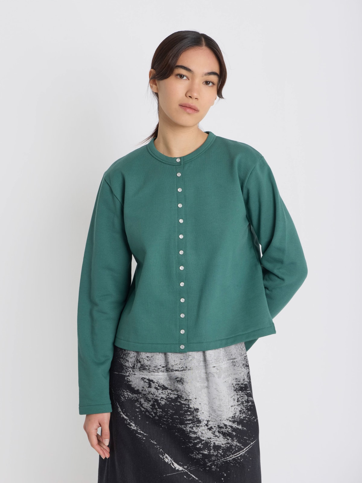 green cotton fleece snap cardigan