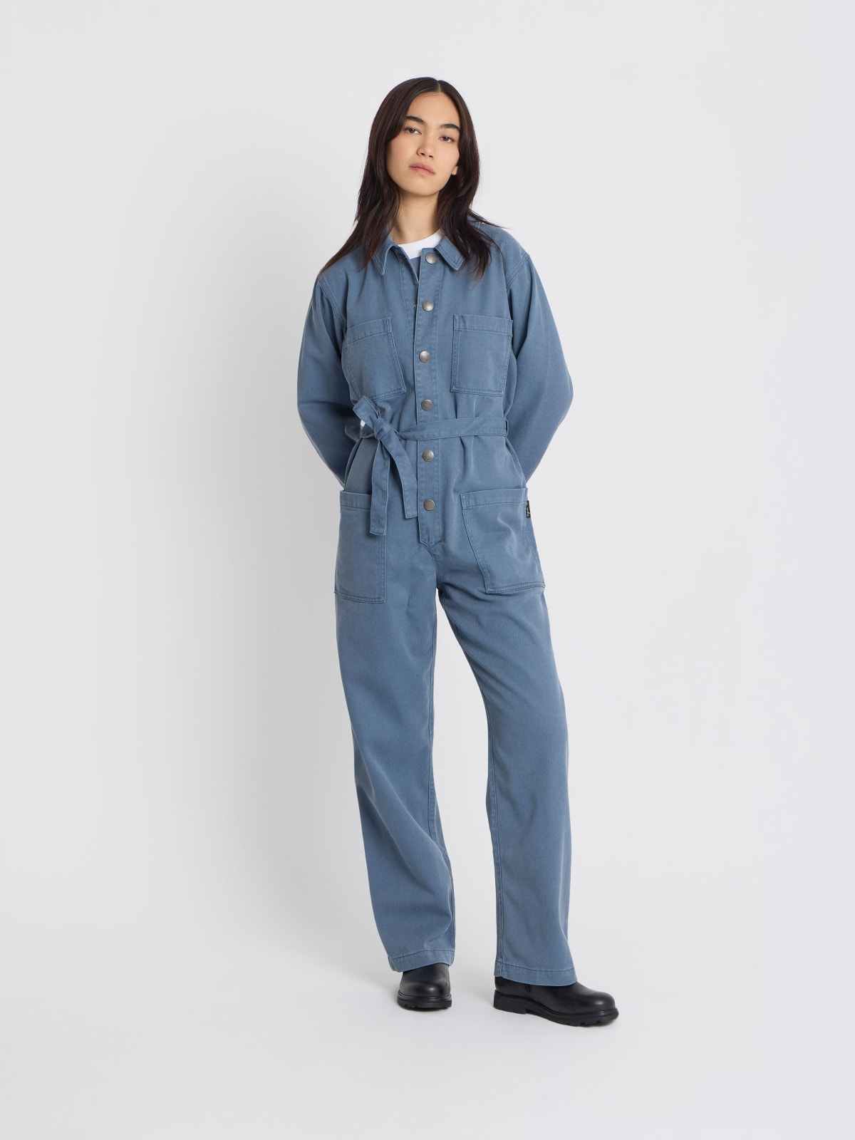 blue cotton gabardine jumpsuit