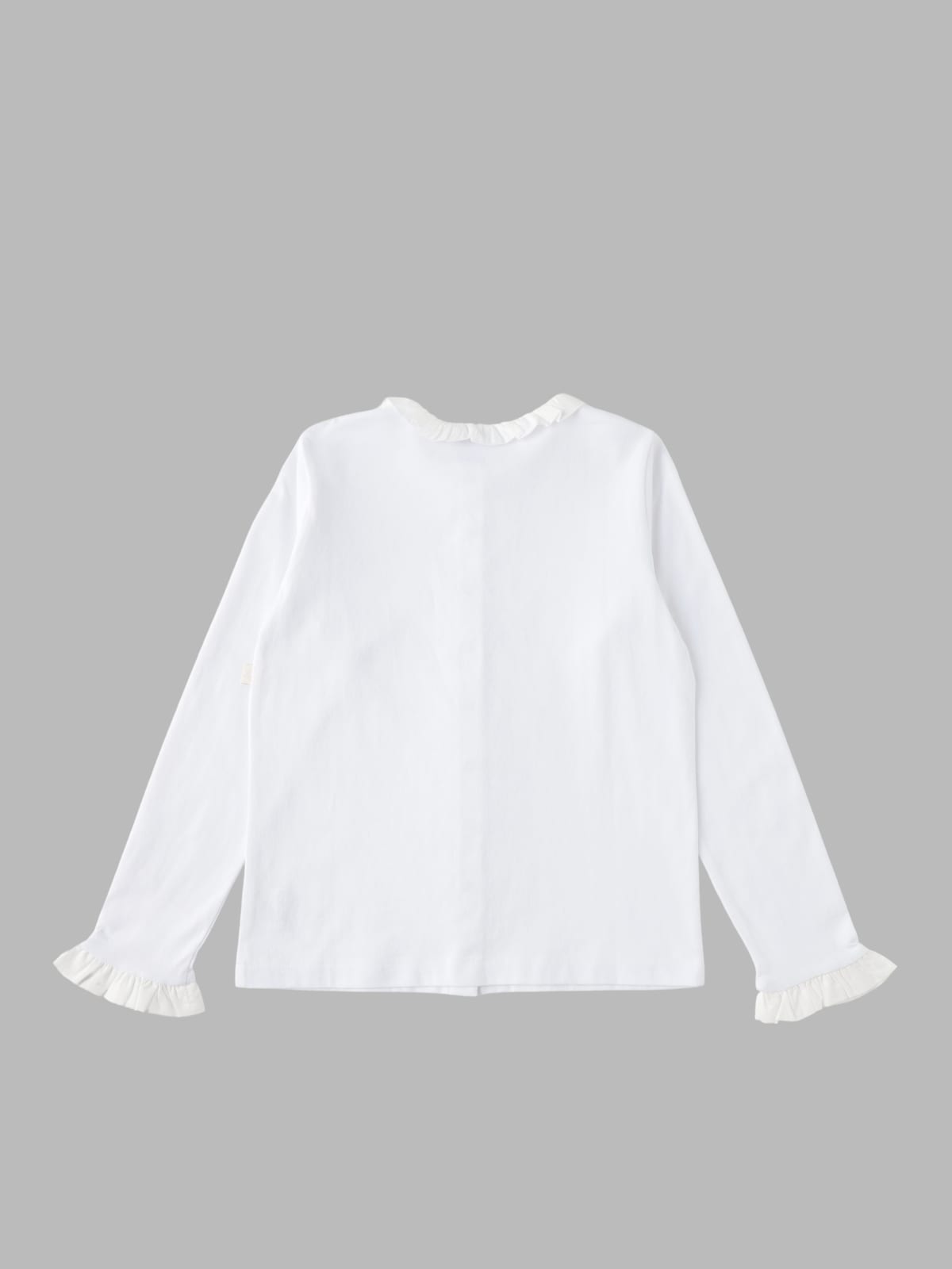 white cotton shirt with snap buttons and ruffles