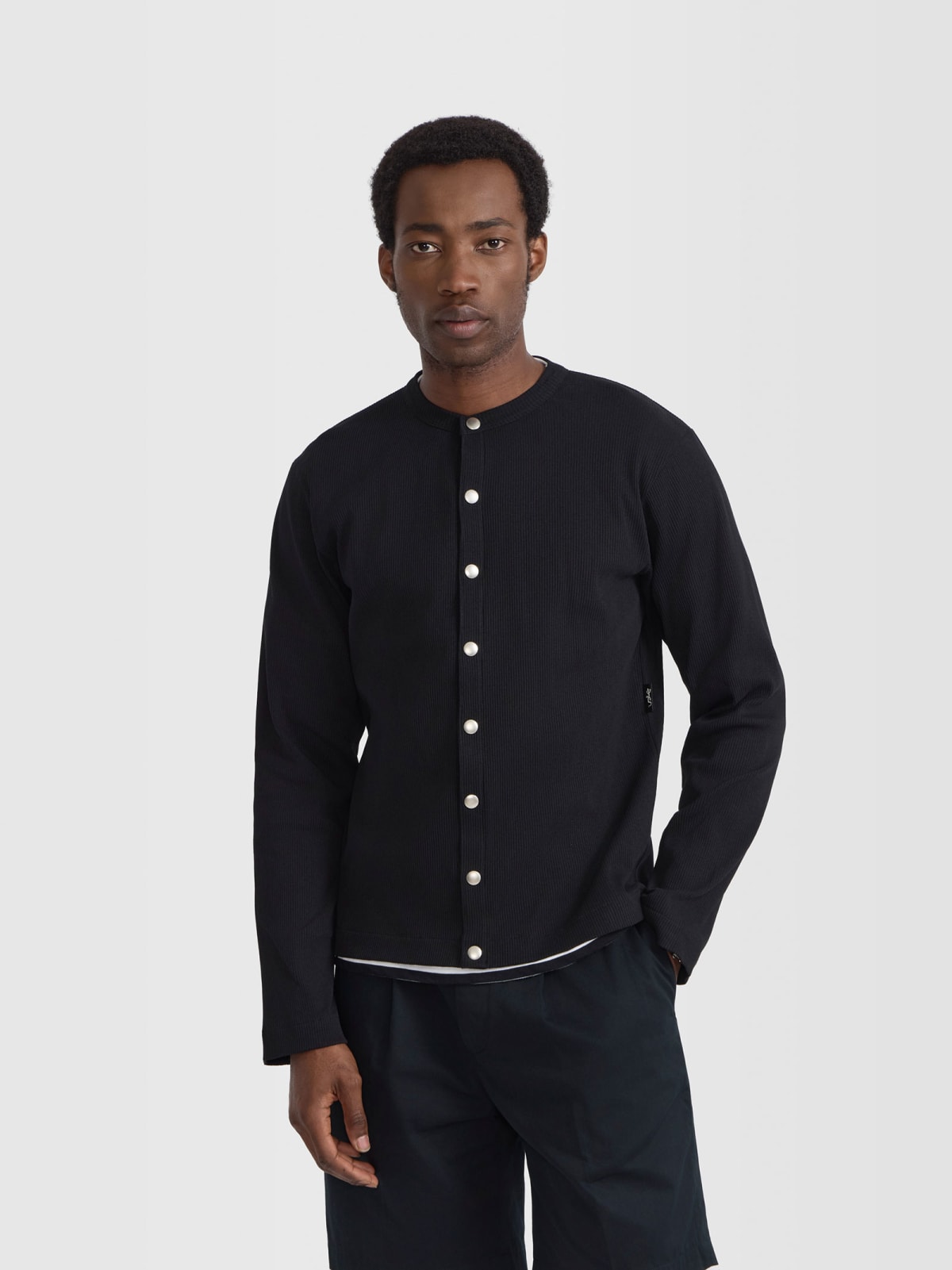 black snap cardigan in cotton rib