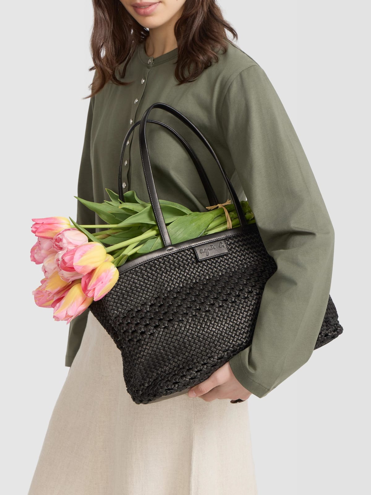 sac tress&eacute; Laurence en cuir noir