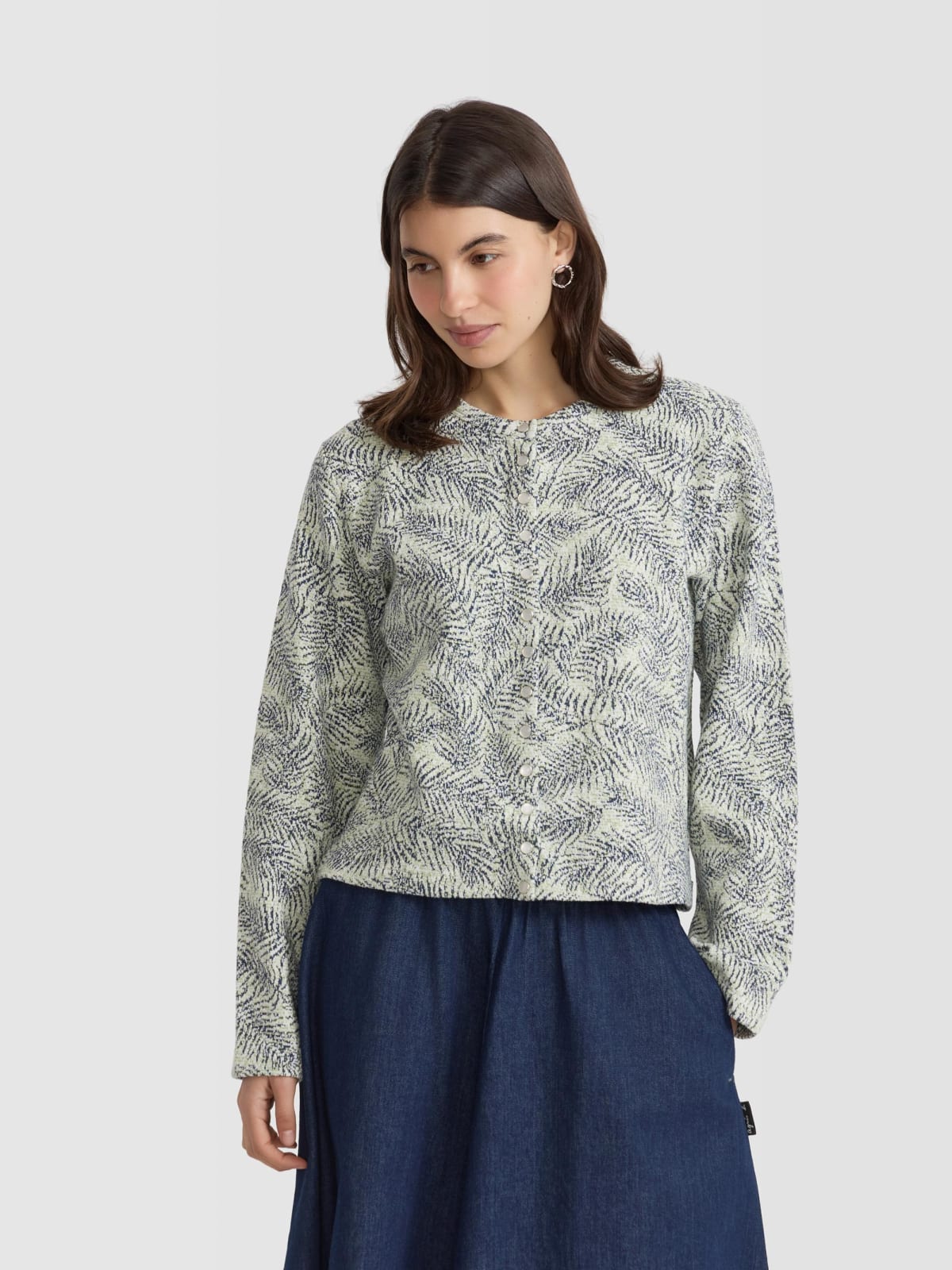 navy and green botanical jacquard snap cardigan