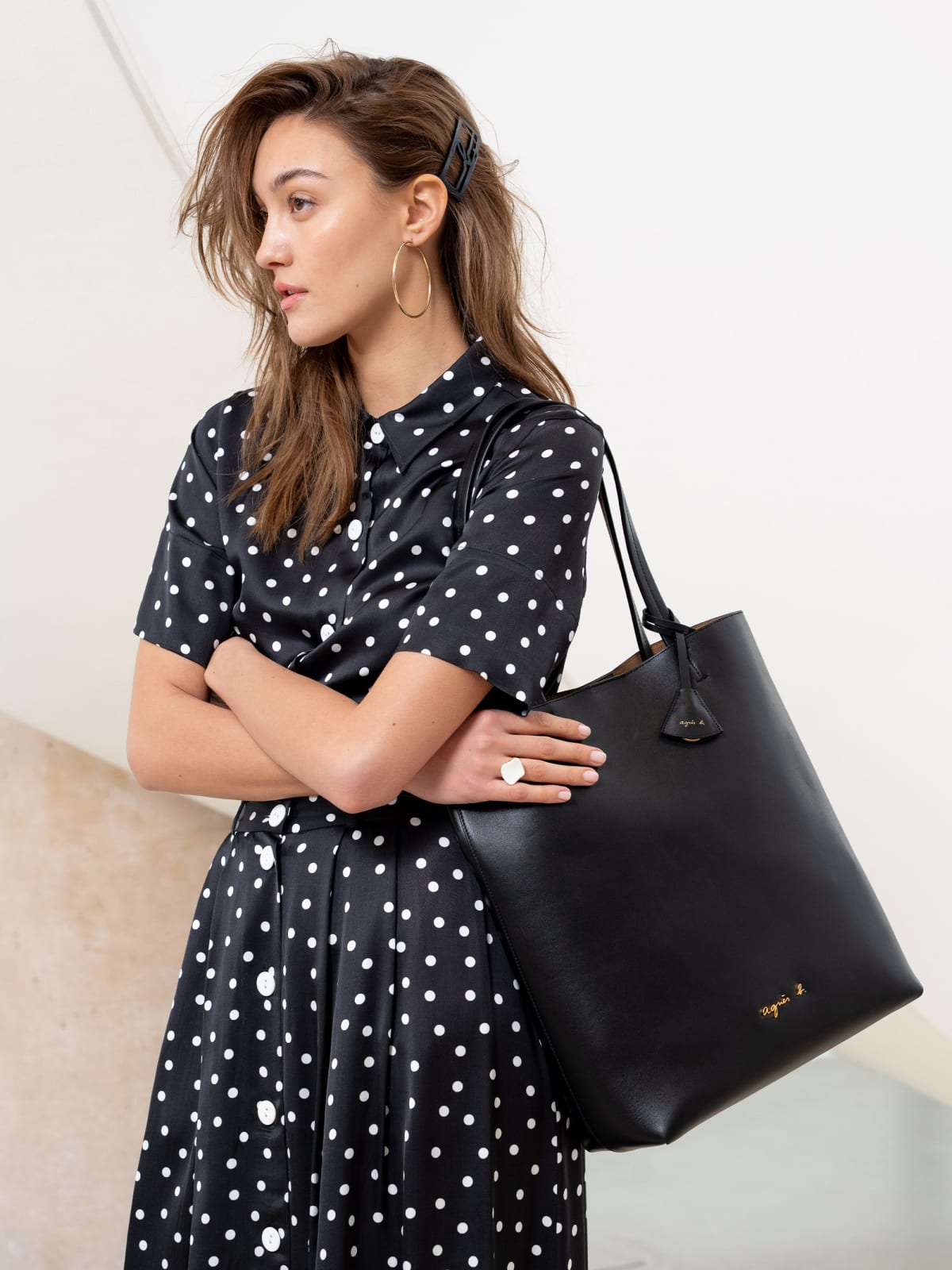 black smooth leather large tote bag