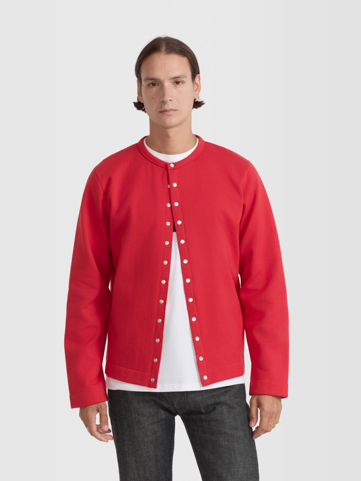 red cotton fleece snap cardigan