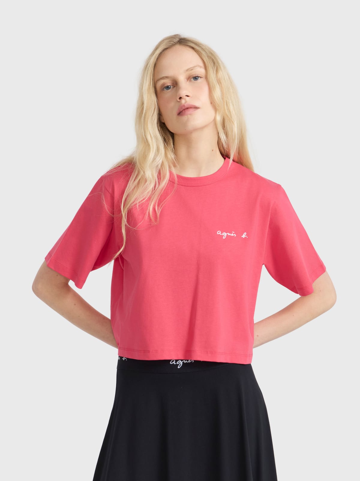 pink B. Style cropped cotton jersey t-shirt with point d'ironie screen print