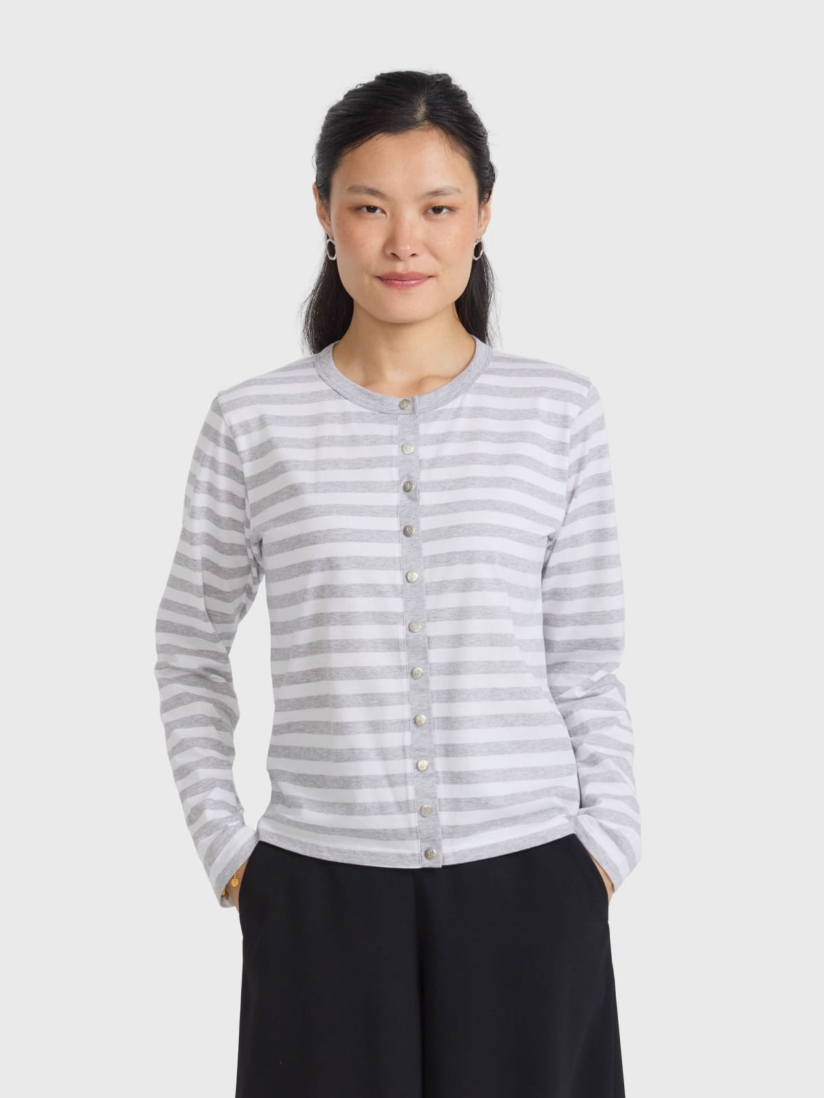 white and light grey striped Astro cardigan